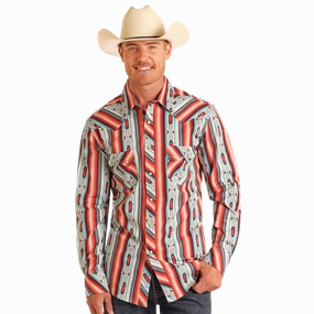 Rock & Roll Cowboy Men's Red Southwest Aztec Long Sleeve Date night Summer Vibes