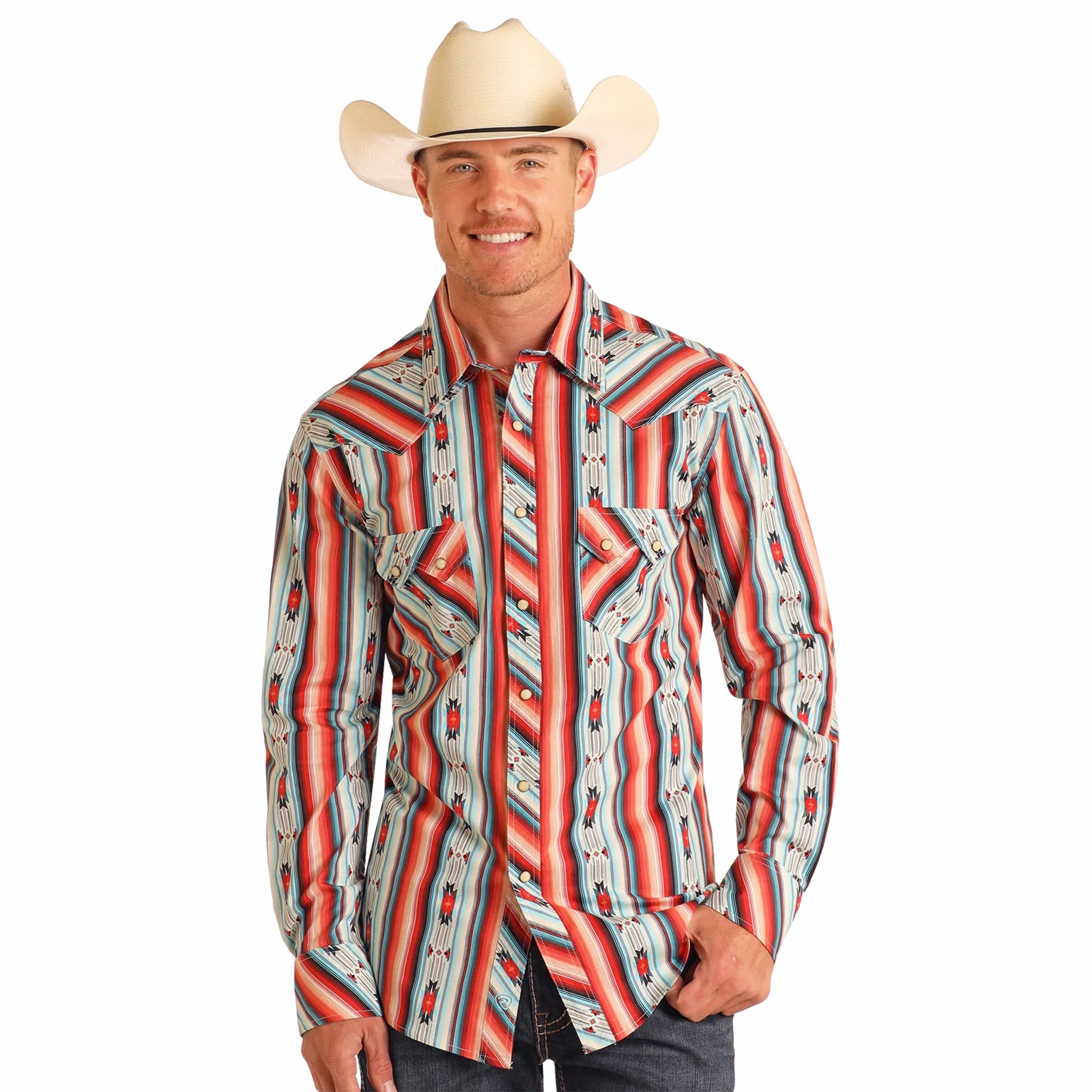 Rock & Roll Cowboy Men's Red Southwest Aztec Long Sleeve Date night Summer Vibes