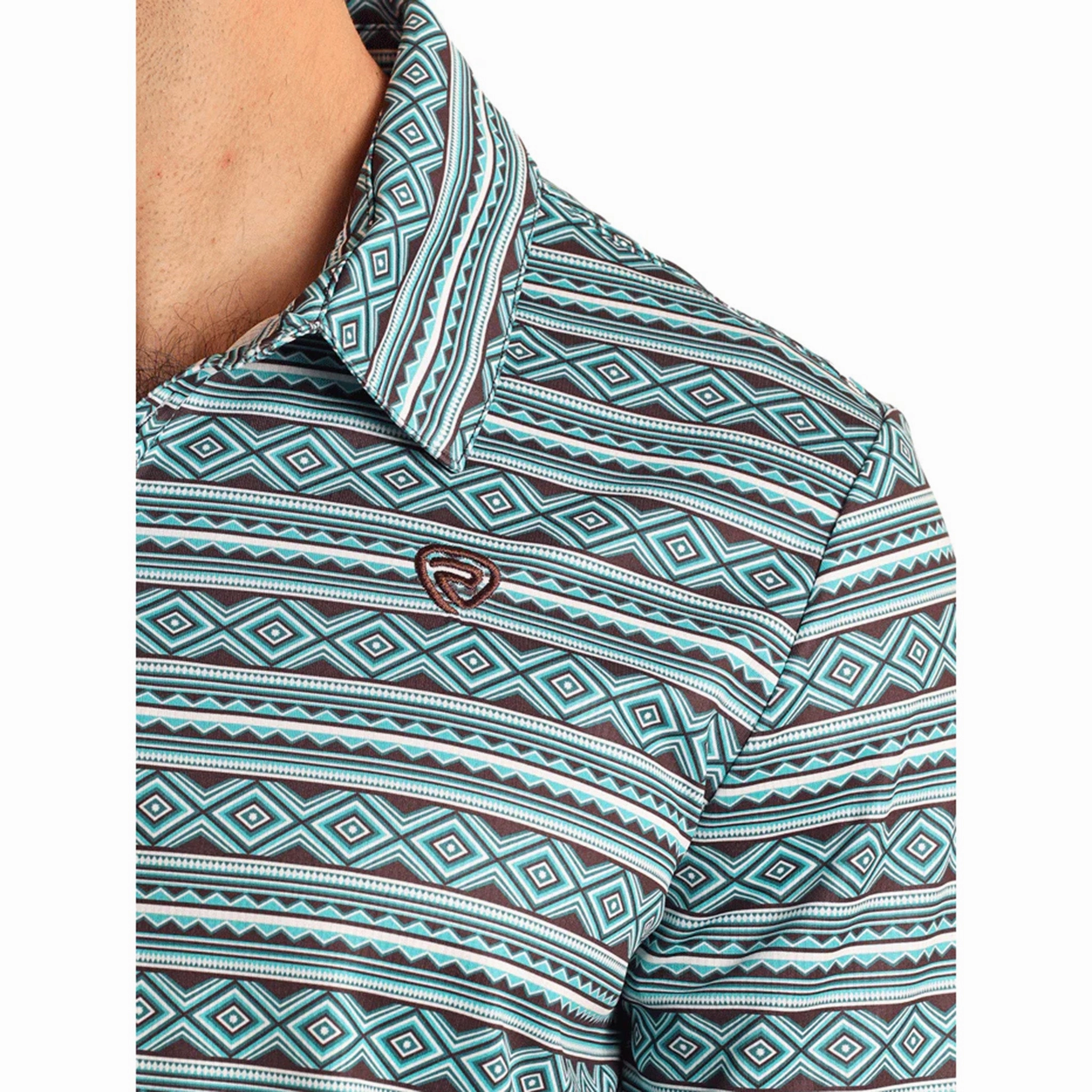Rock & Roll Cowboy Men's Teal Southwest Aztec Polo Athleisure Trend