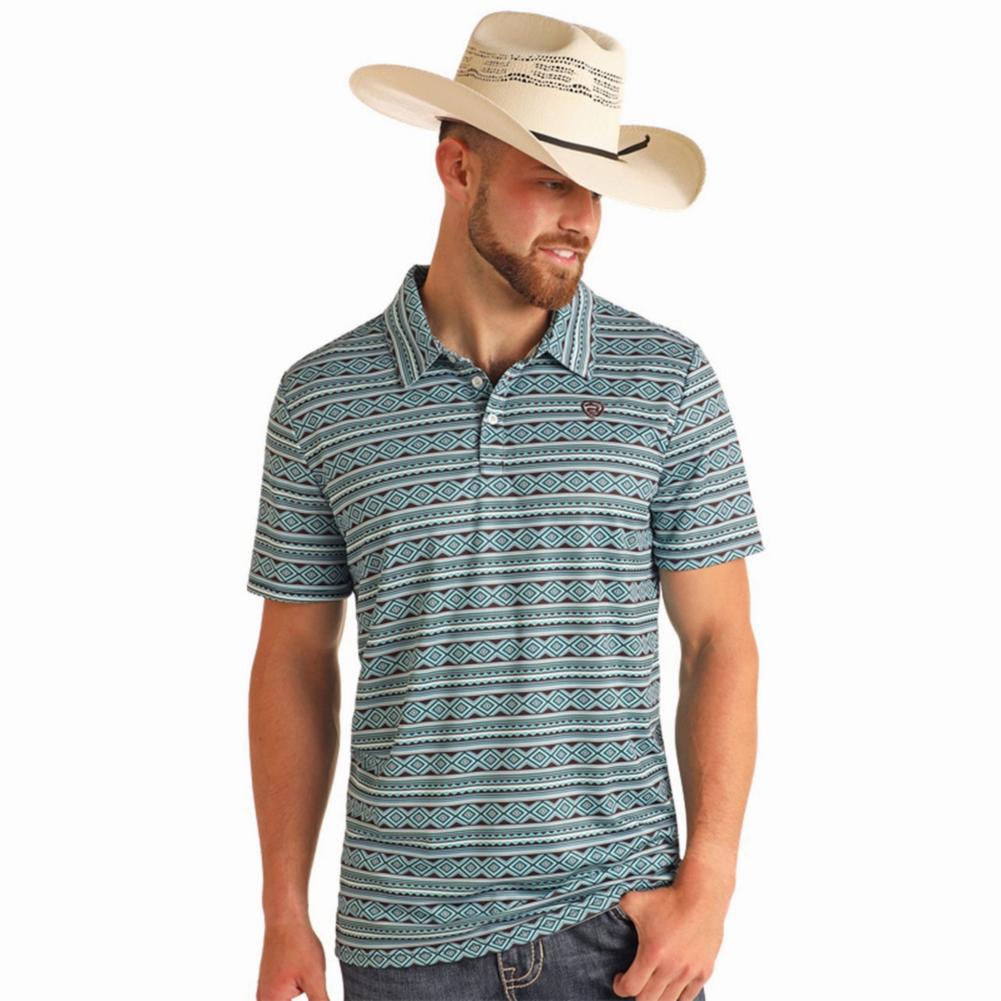 Double Stitched Hems Everyday Wear Rock & Roll Cowboy Men's Teal Southwest Aztec Polo