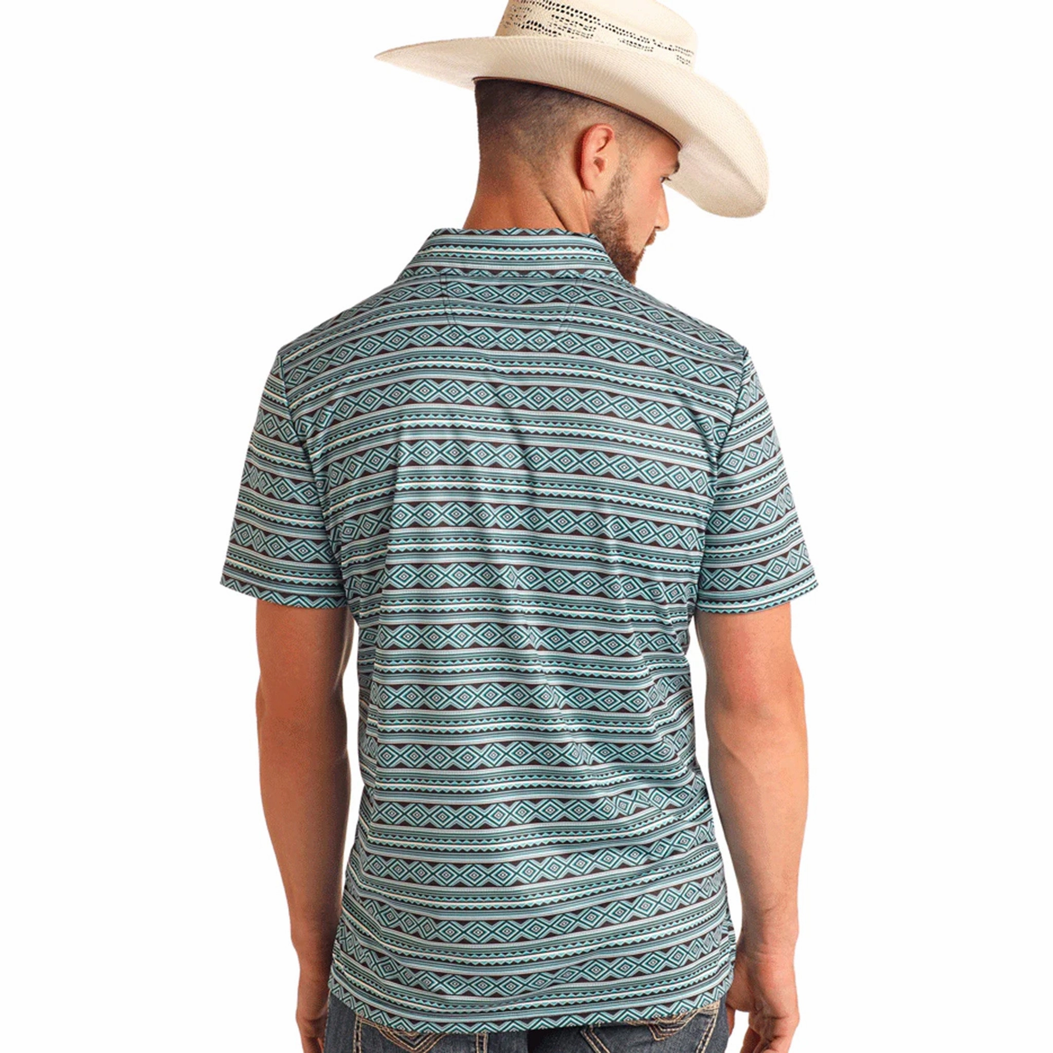 Rock & Roll Cowboy Men's Teal Southwest Aztec Polo Weekend Wear