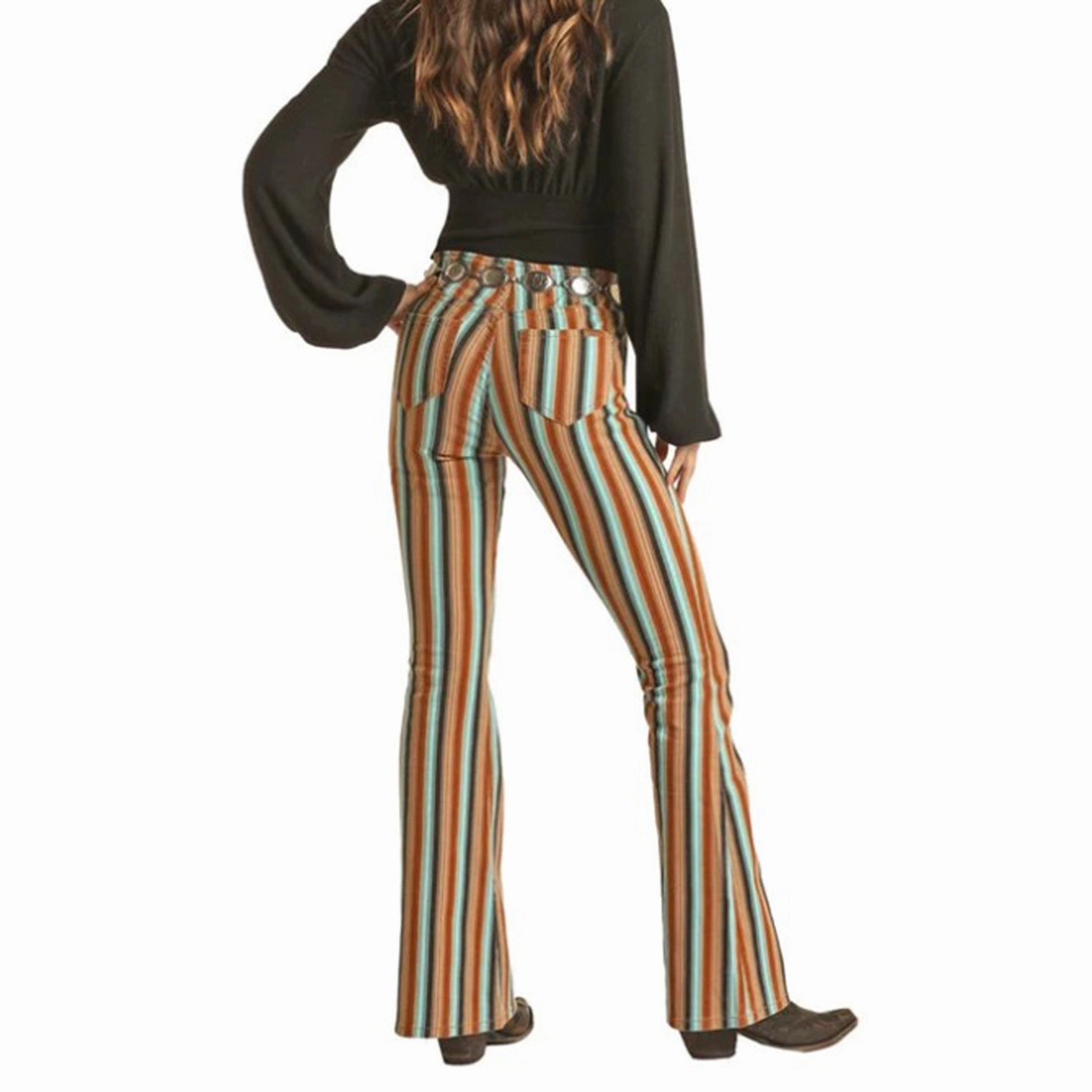 Rock & Roll Cowgirl Brown Stripe Flare Jeans Trend Setter Chill Outfit