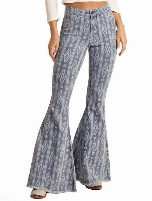 Work Meeting Relaxed Style Versatile Fit Rock & Roll Cowgirl Light Wash Aztec Jeans