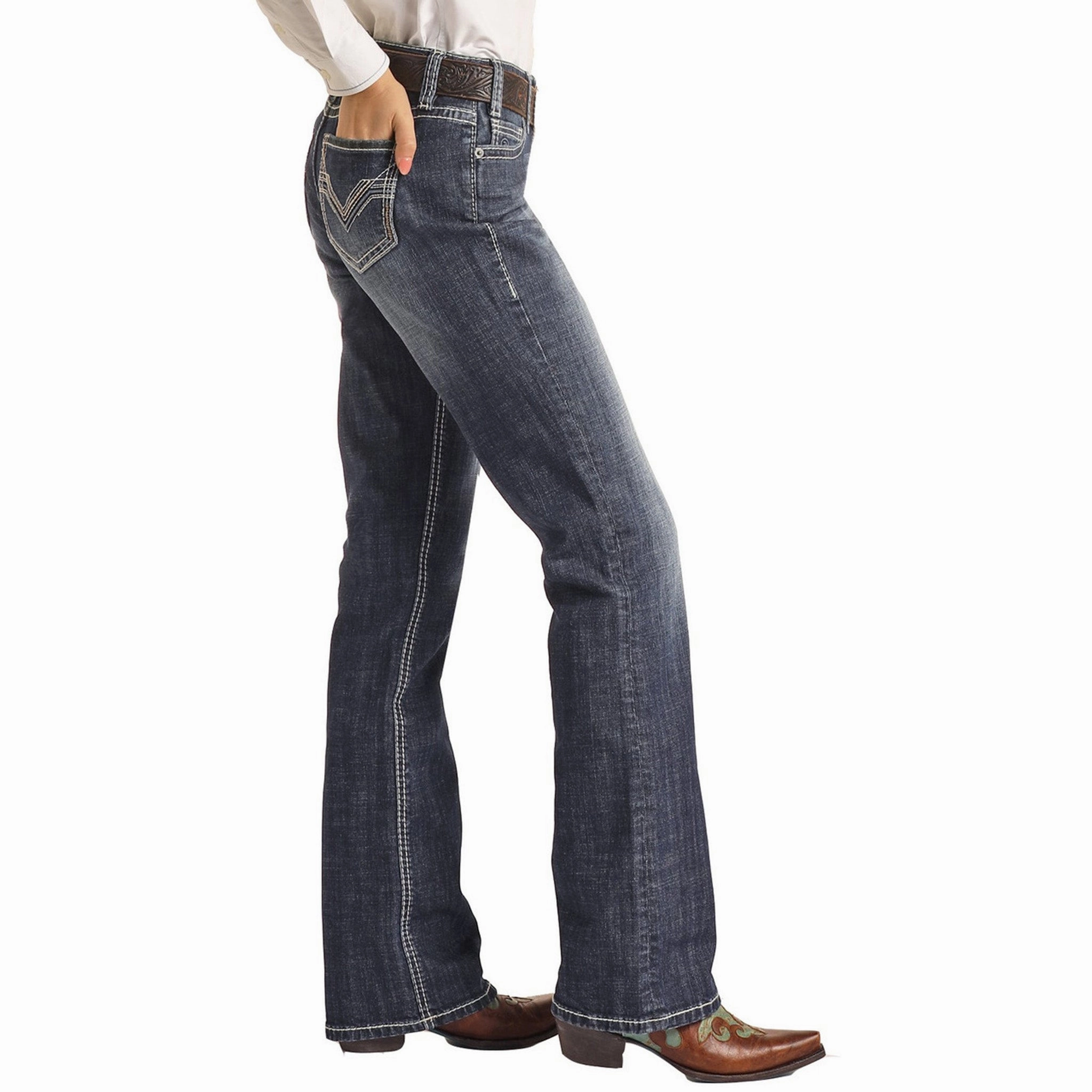 Rock & Roll Cowgirl Raised Denim Embroidery Jeans All Round Wear Sleek Comfort