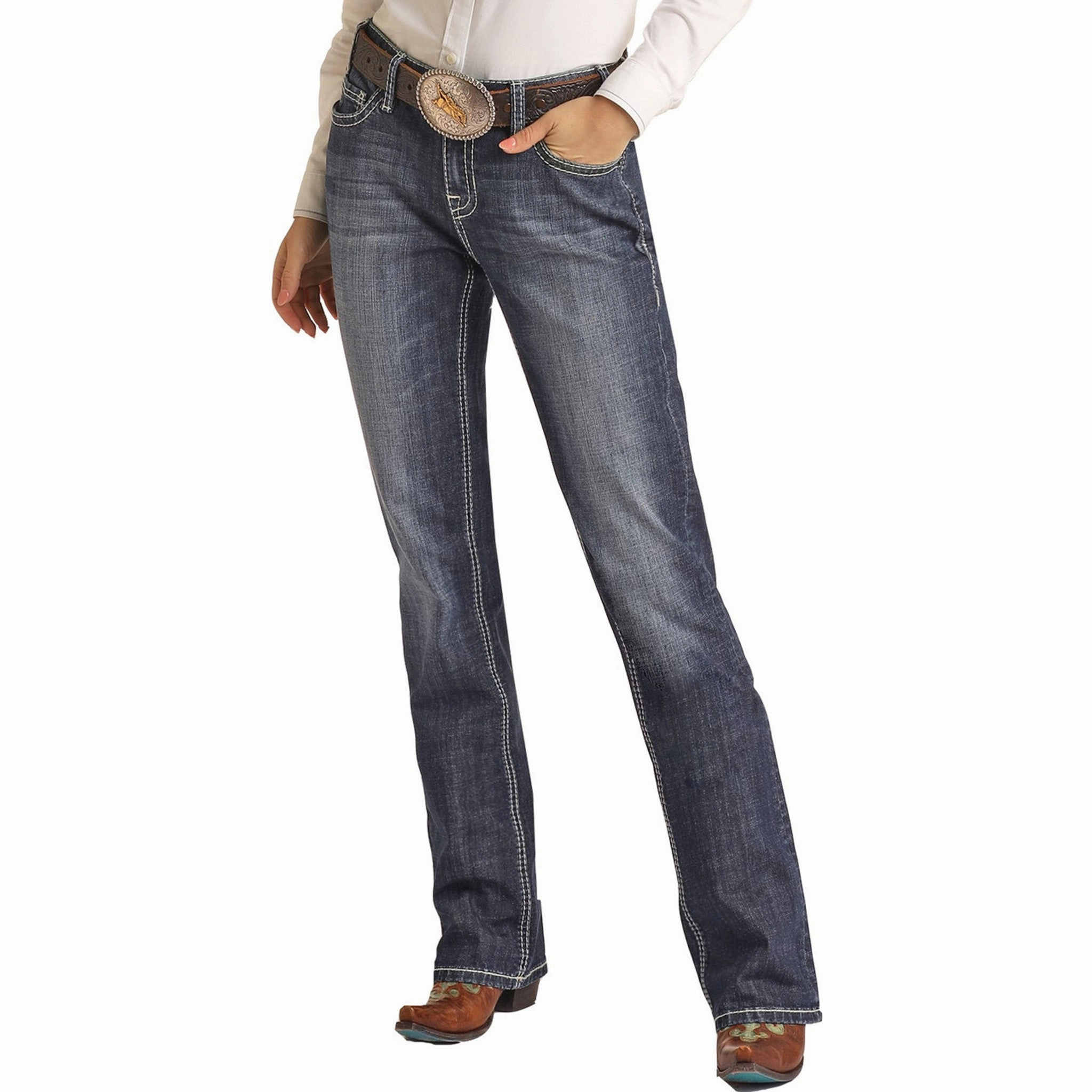 Rock & Roll Cowgirl Raised Denim Embroidery Jeans High Durability