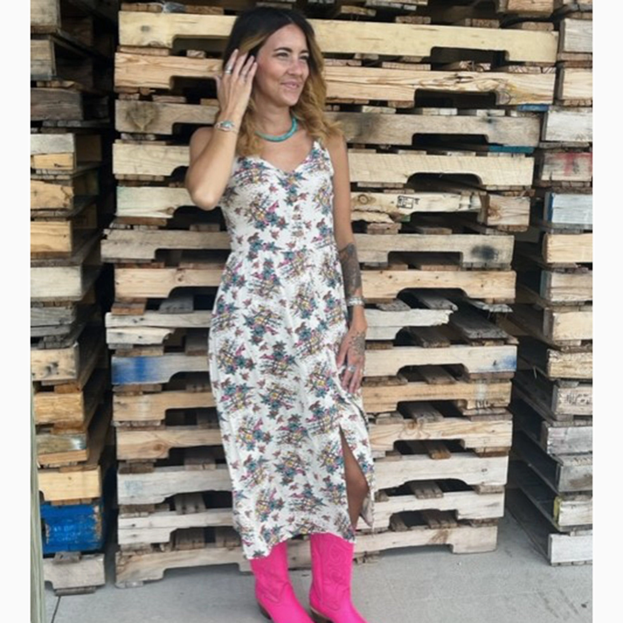 Rock & Roll Cowgirl Summer Print Button Down Tank Dress Layered Movement Fashionable Style