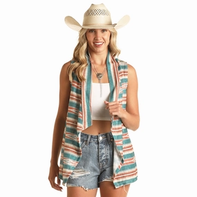 Rock & Roll Cowgirl Turquoise/Coral Striped Vest WrinkleResistantTextile Everyday Look