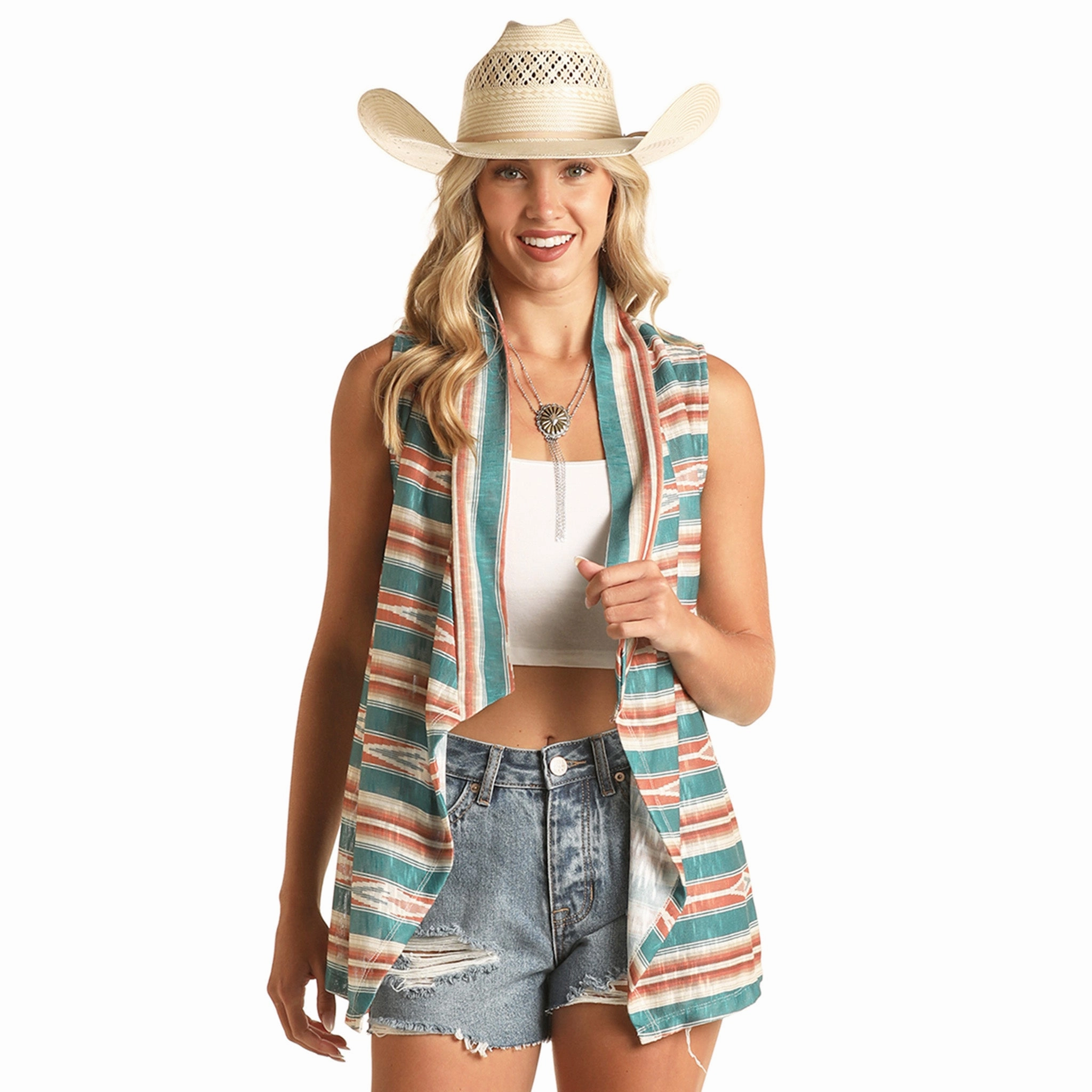 Rock & Roll Cowgirl Turquoise/Coral Striped Vest Sustainable Textile