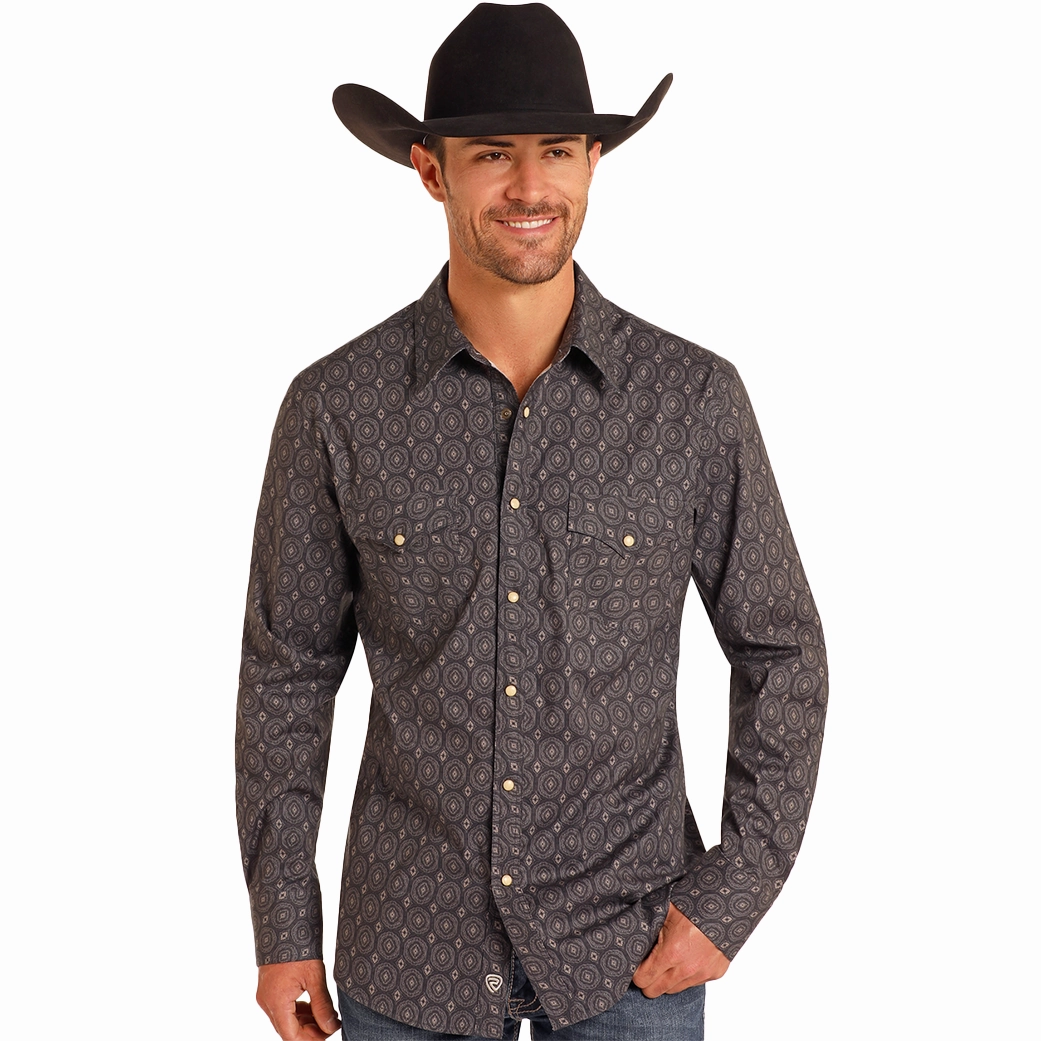 Rock & Roll Denim Black Medallion Button Down Shirt No Chafe Edging Smooth Cotton Blend