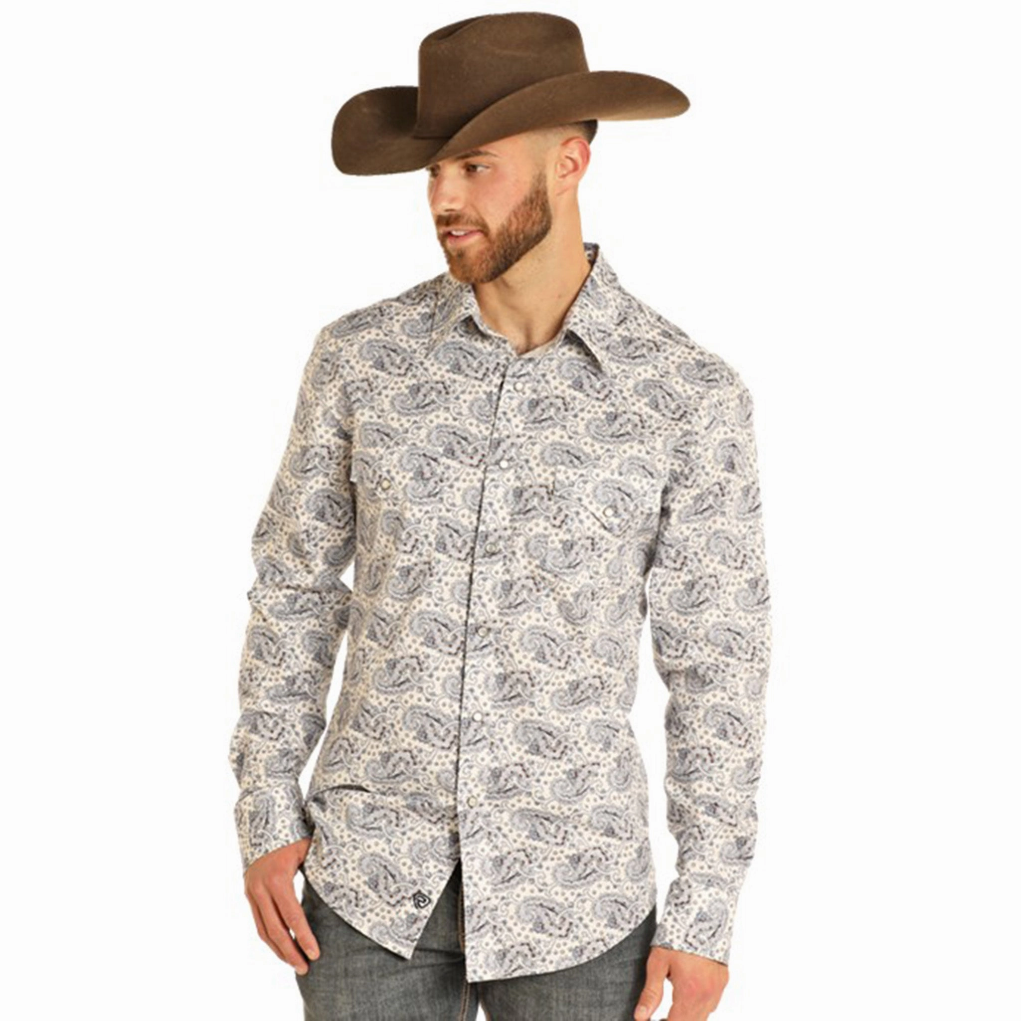 Rock & Roll Denim Men's Paisley Print Pearl Snap Button-Down Weekend Outing Timeless Comfort