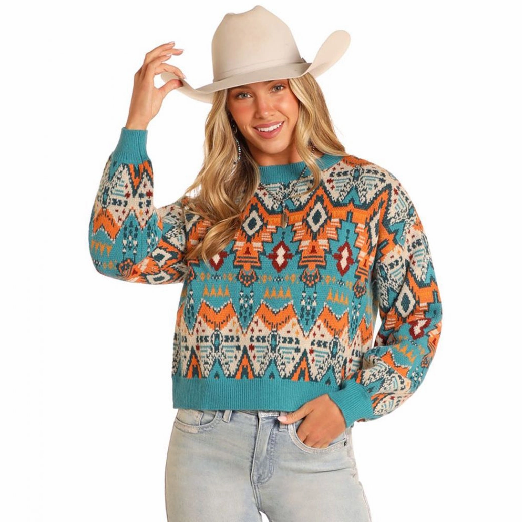 ThermalRegulating BreathableMeshInsert Rock & Roll Denim Women's Aztec Sweater