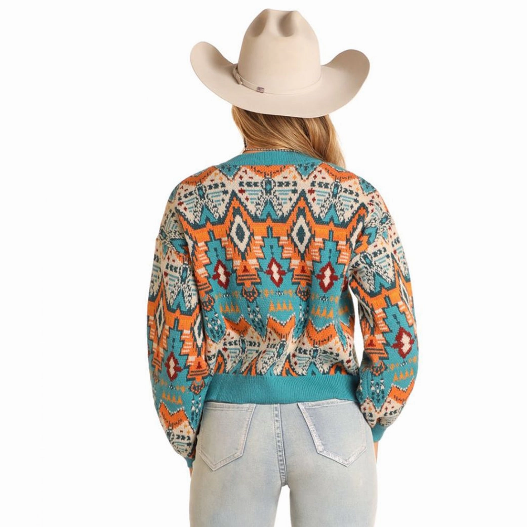 Grid Back Panel Hidden Storage Pockets Rock & Roll Denim Women's Aztec Sweater