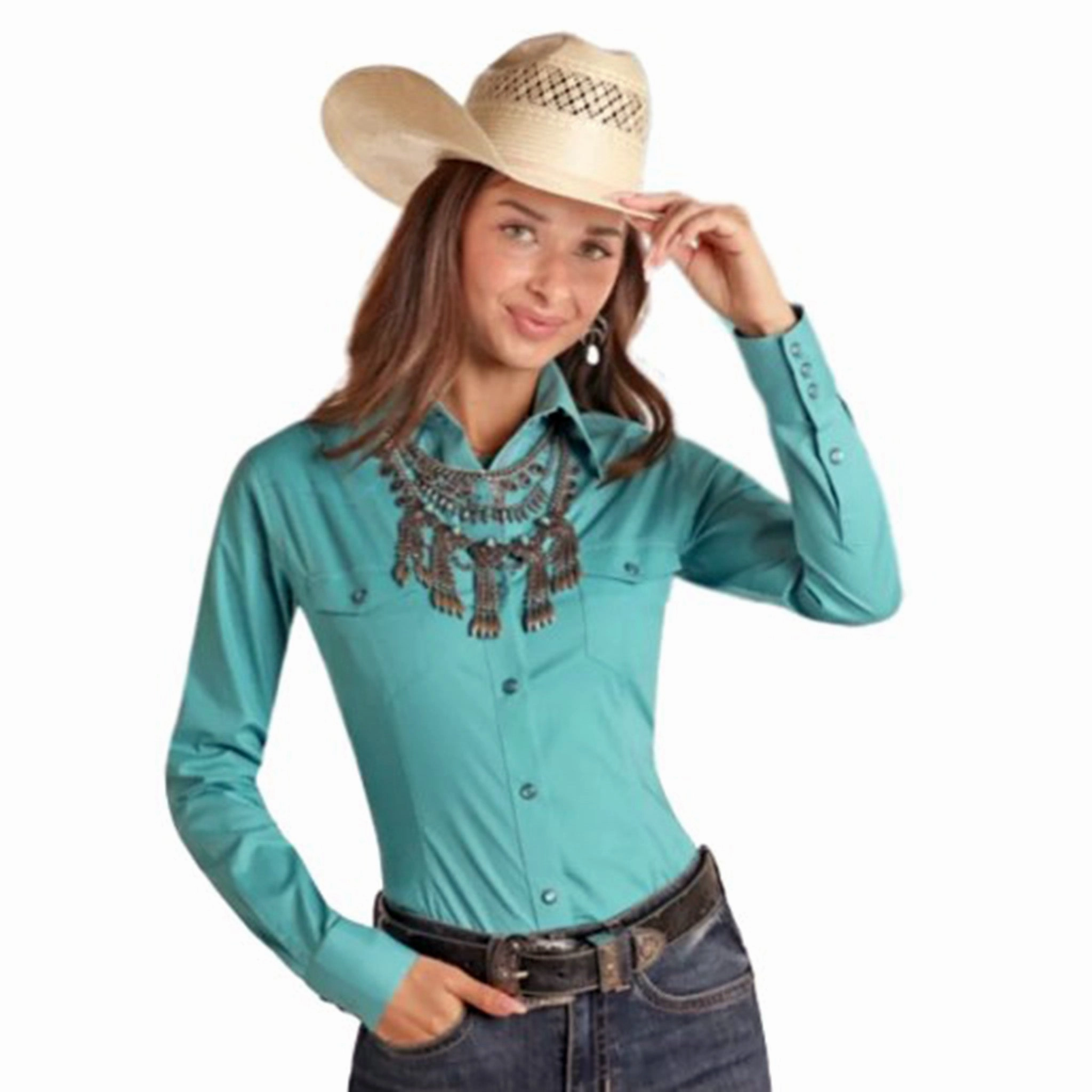 Metallic Fiber Blend Rock & Roll Ladies Solid Snap Long Sleeve