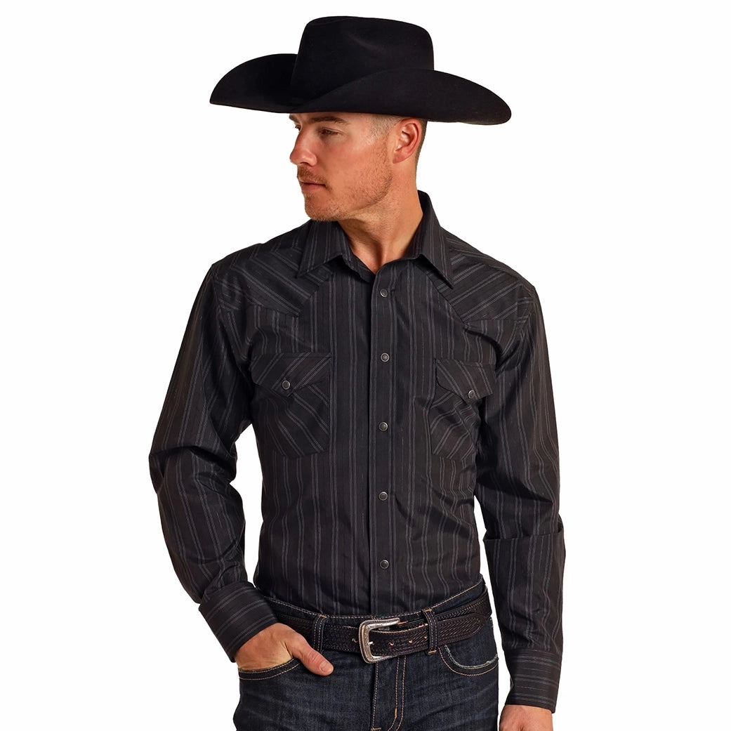 Flexible Shoulder Construction mix and match Rock & Roll Men's Black Striped Pearl Snap Shirt