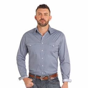 Rock & Roll Men's Blue Geo Print Long Sleeve Workwear Option Static Dissipating Fiber