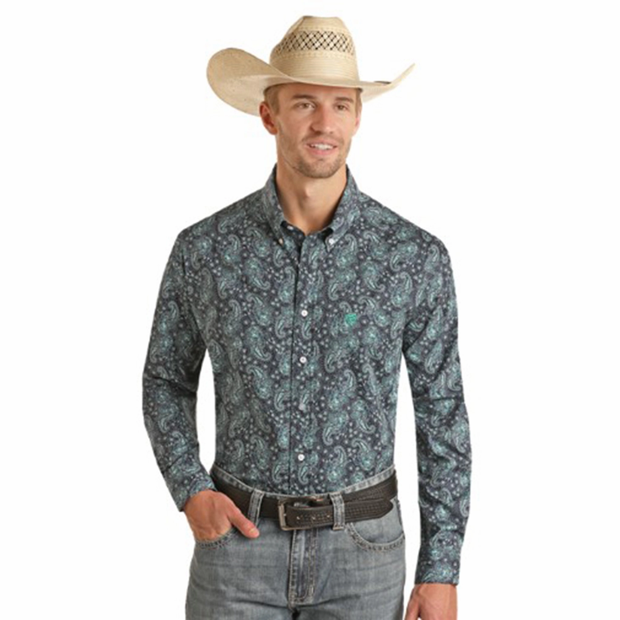 Unique Design Layered Design Rock & Roll Men's Blue Paisley Long Sleeve Shirt