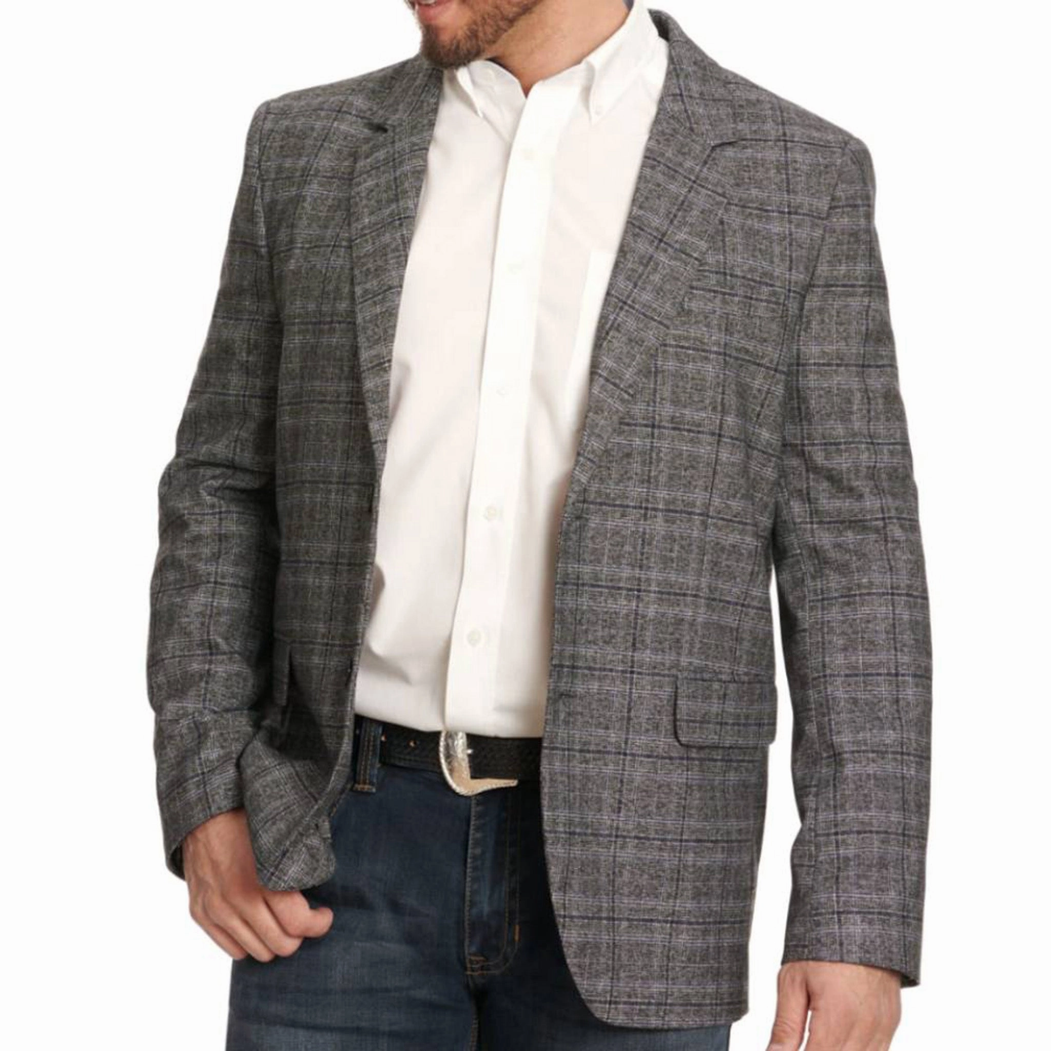 Rock & Roll Men's Charcoal Plaid Sports Coat Foldable Collar