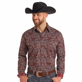 Rock & Roll Men's Paisley Print Pearl Snap Long Sleeve Flexible Mobility Fall Fashion