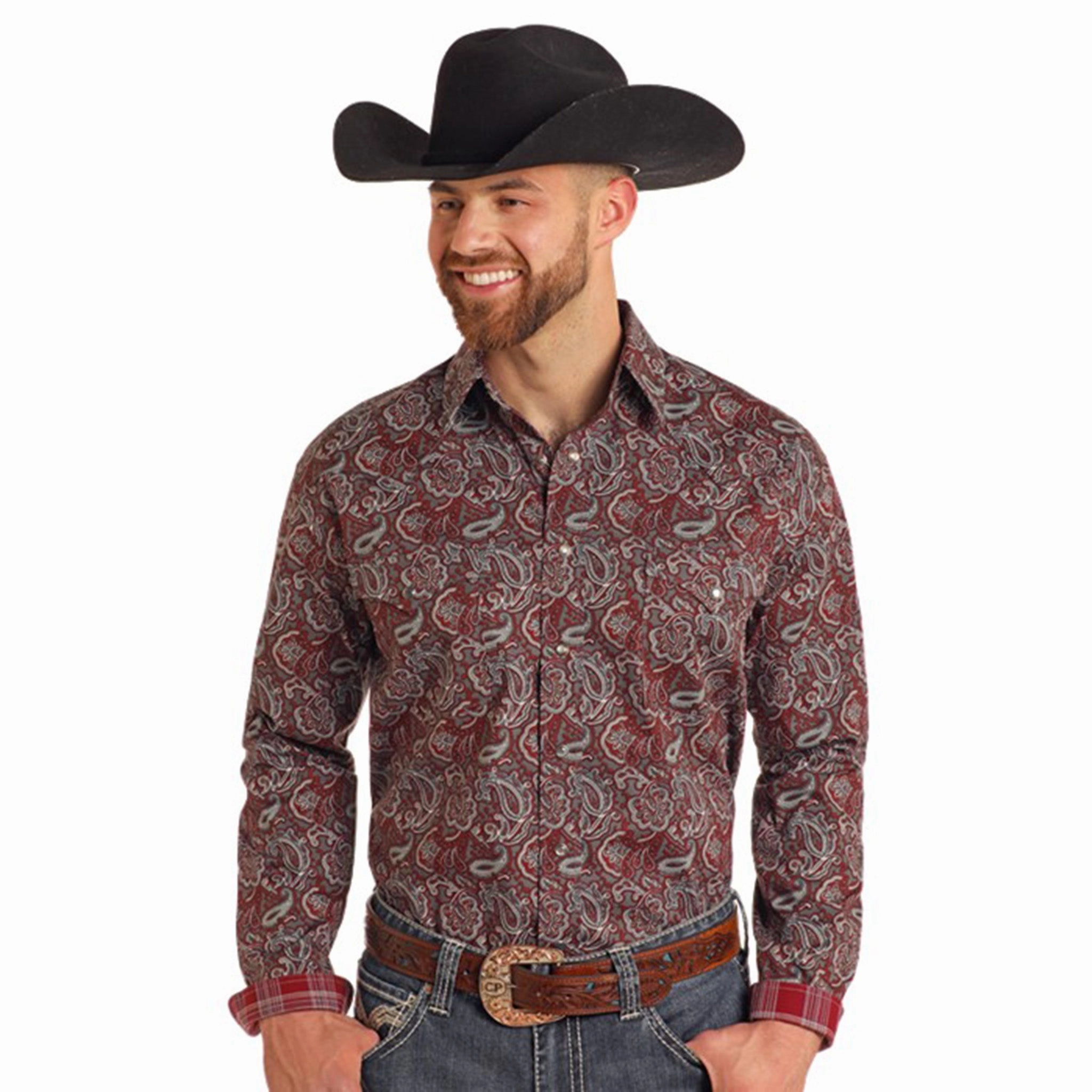 Rock & Roll Men's Paisley Print Pearl Snap Long Sleeve Layering Essential Travel-friendly