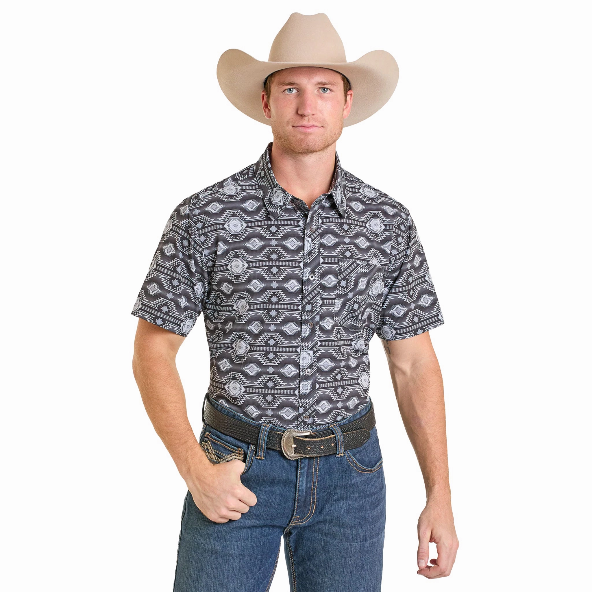 Rock & Roll Men's Southwest Print Tek Short Sleeve Relaxed Vibe Multi Functional Pockets