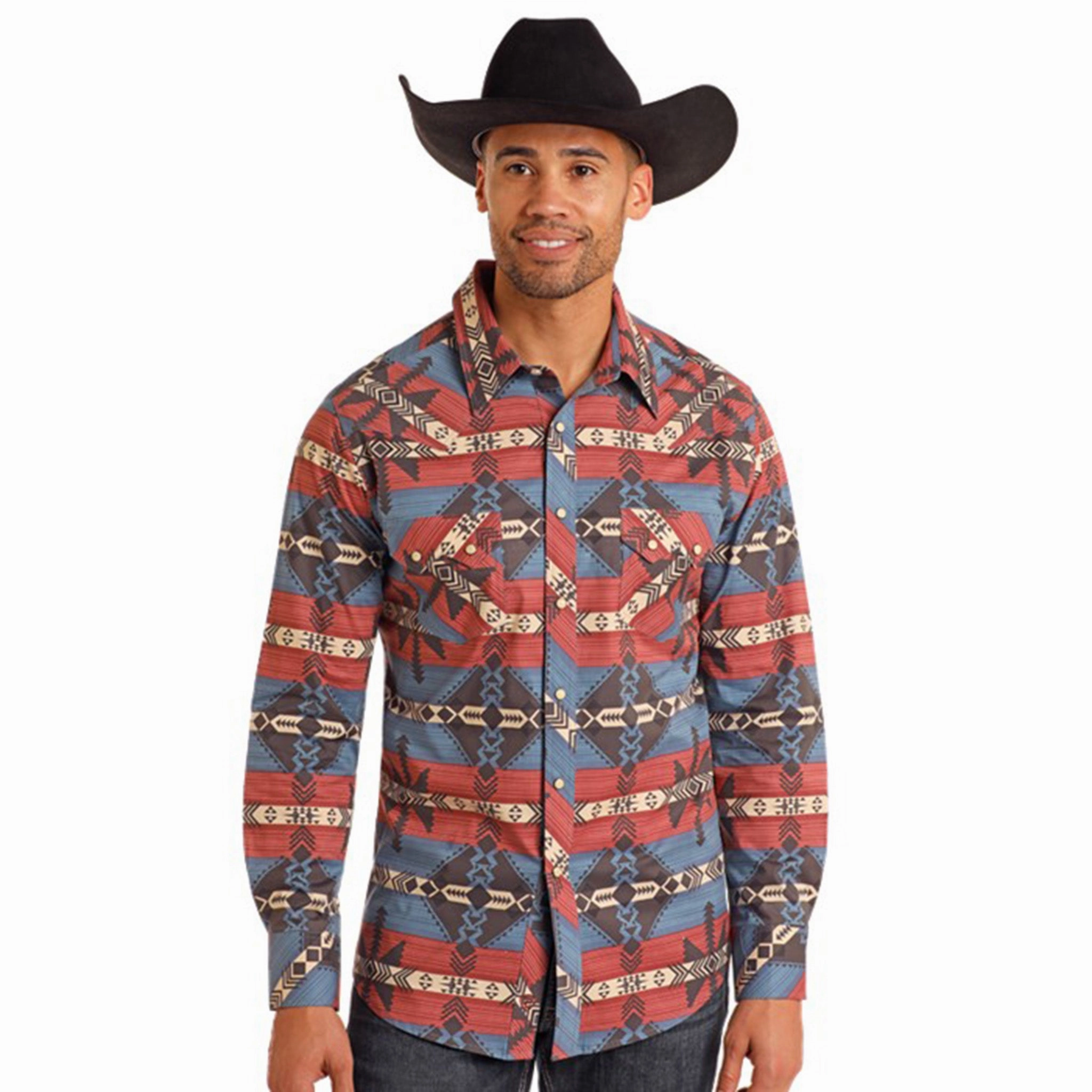 Rock & Roll Men's Southwestern Print Pearl Snap Shirt Minimal Look