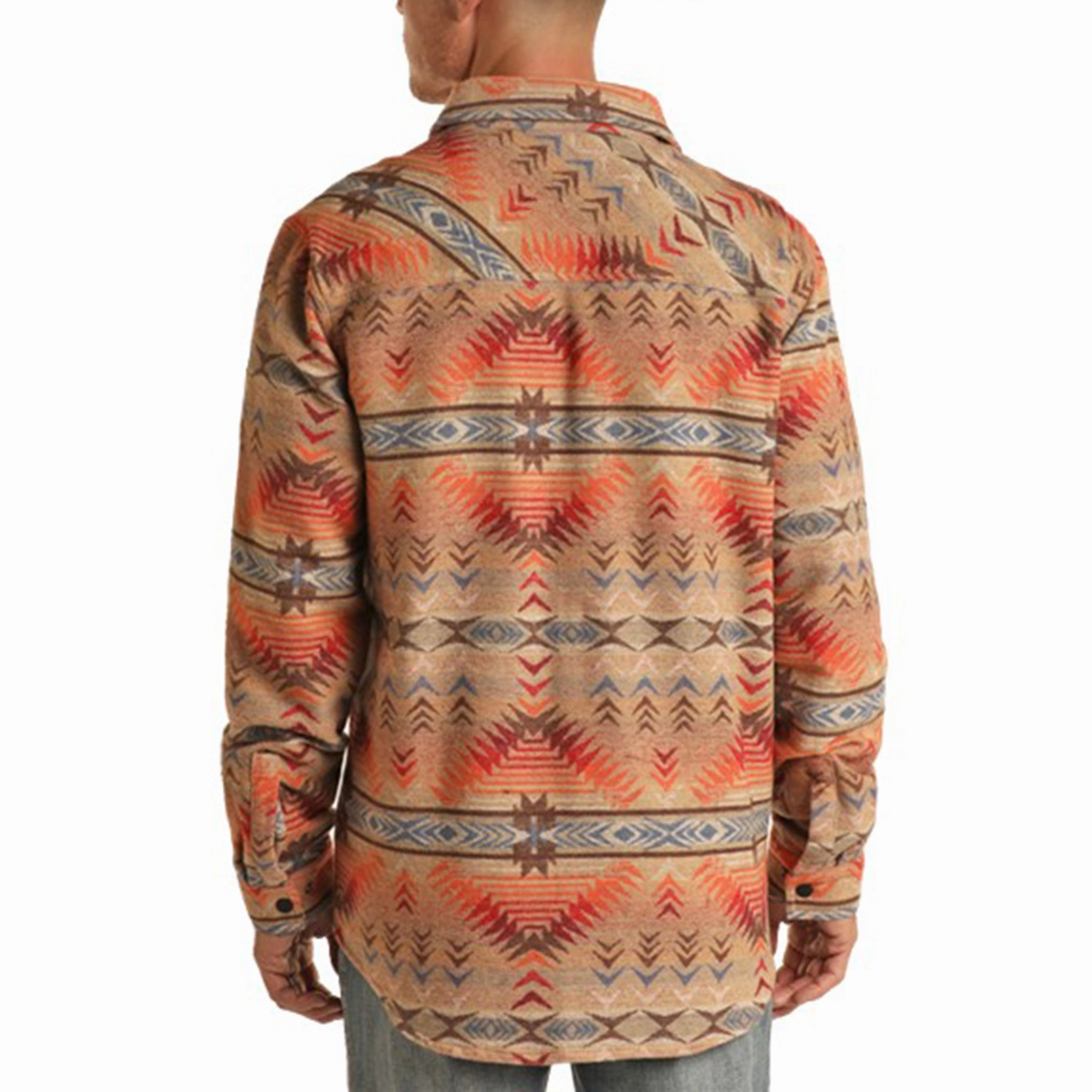 Rock & Roll Men's Tan Aztec Shacket Structured Casual Fit GlowInTheDarkAccents