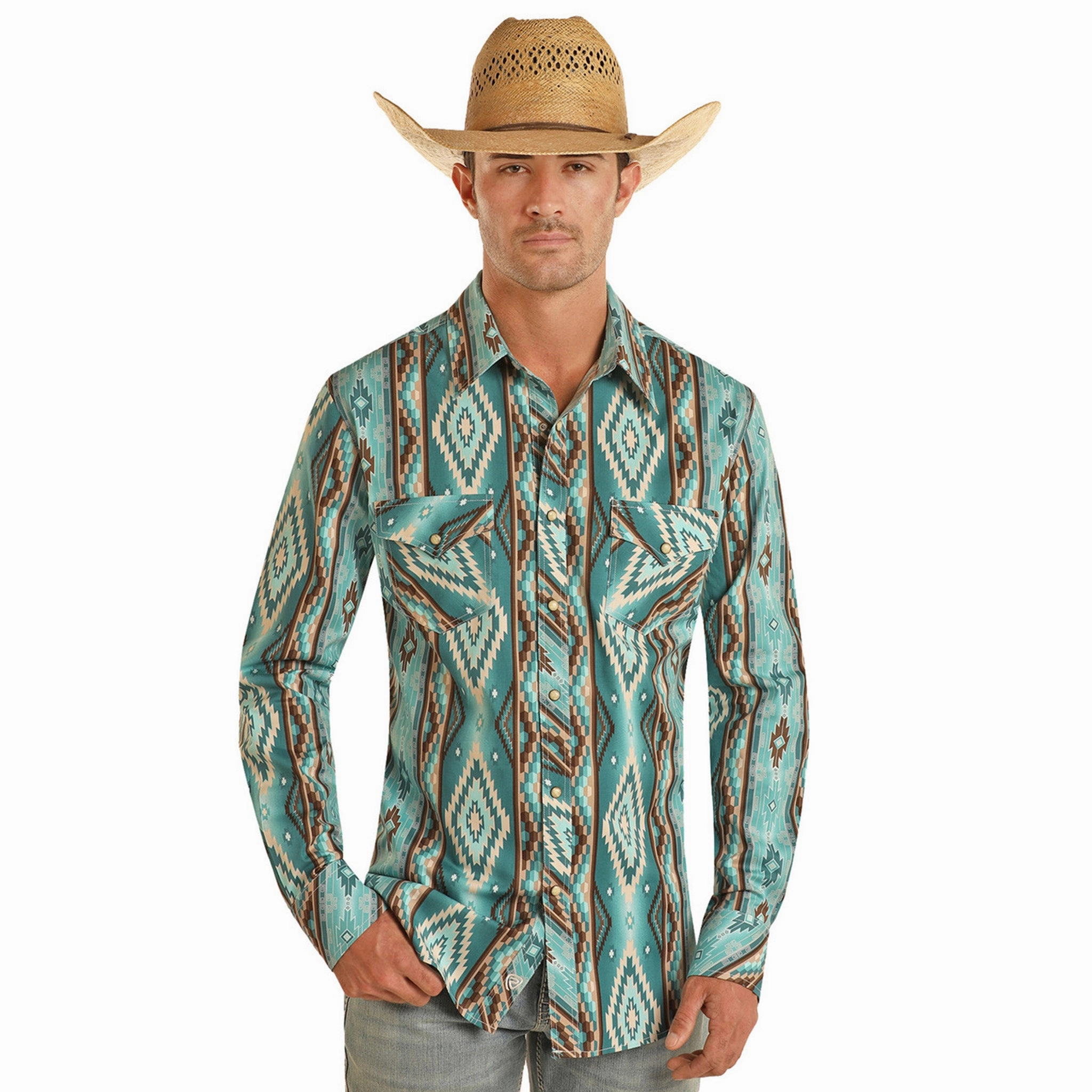 Rock & Roll Men's Turquoise & Brown Aztec Long Sleeve Weekend Outing Business casual