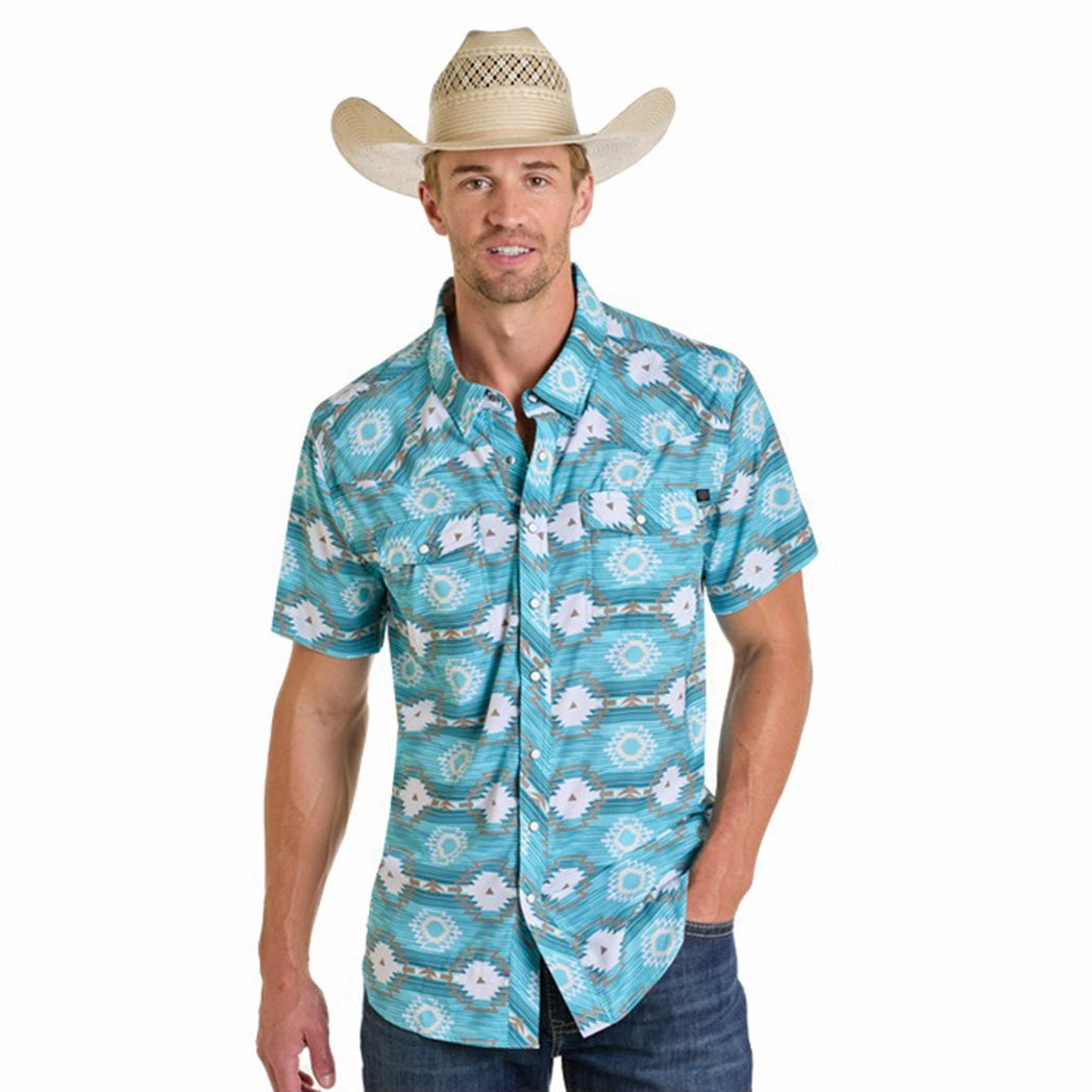 Relaxed Comfort Rock & Roll Men's Turquoise & White Aztec Short Sleeve Shirt