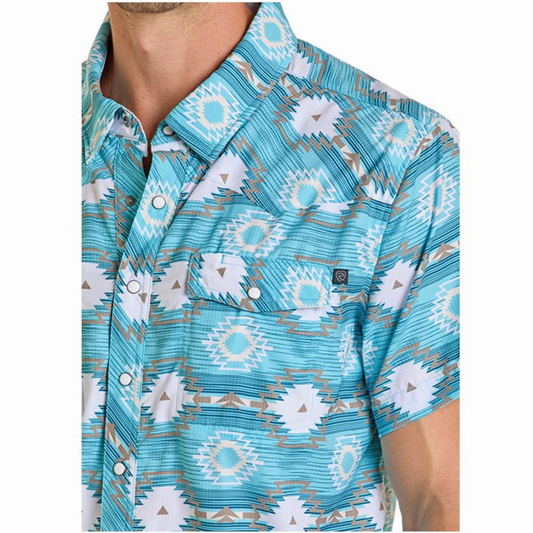 Trendy Comfort Rock & Roll Men's Turquoise & White Aztec Short Sleeve Shirt