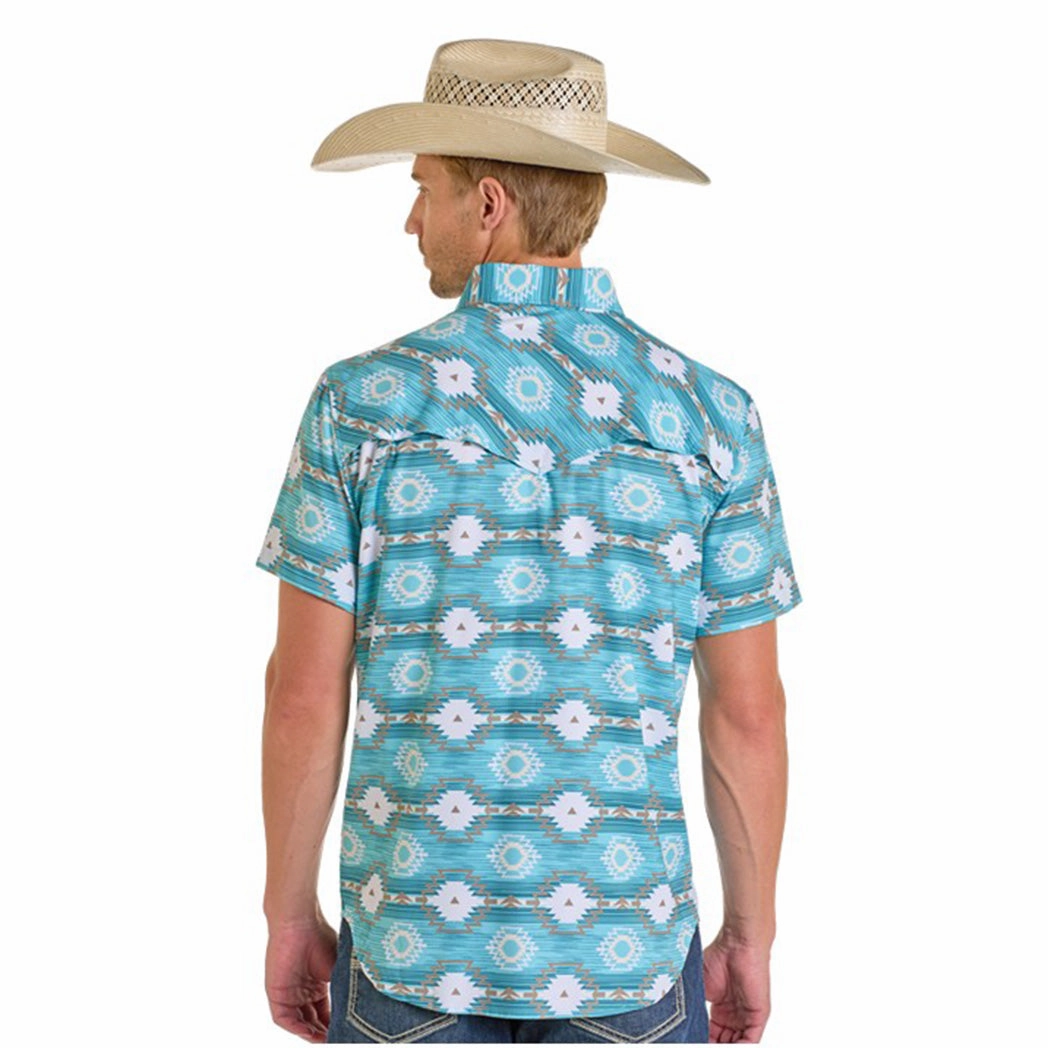 Rock & Roll Men's Turquoise & White Aztec Short Sleeve Shirt Seamless Side Panels