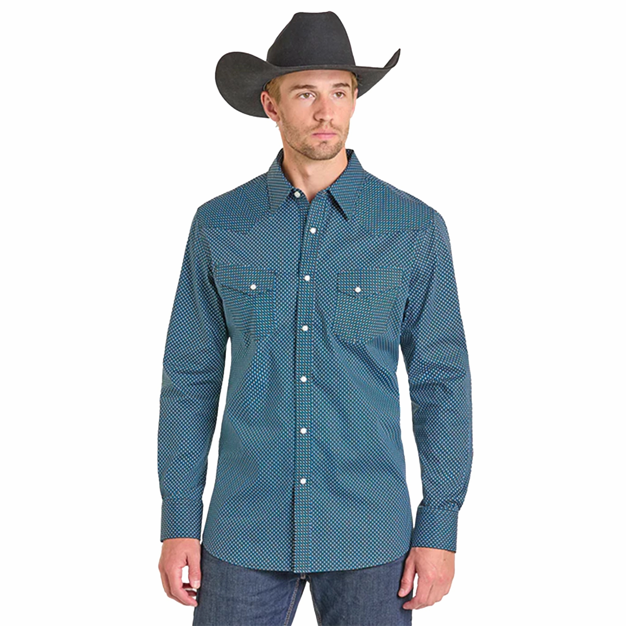 Rock & Roll Men's Turquoise Geometric Pearl Snap Ventilated Back