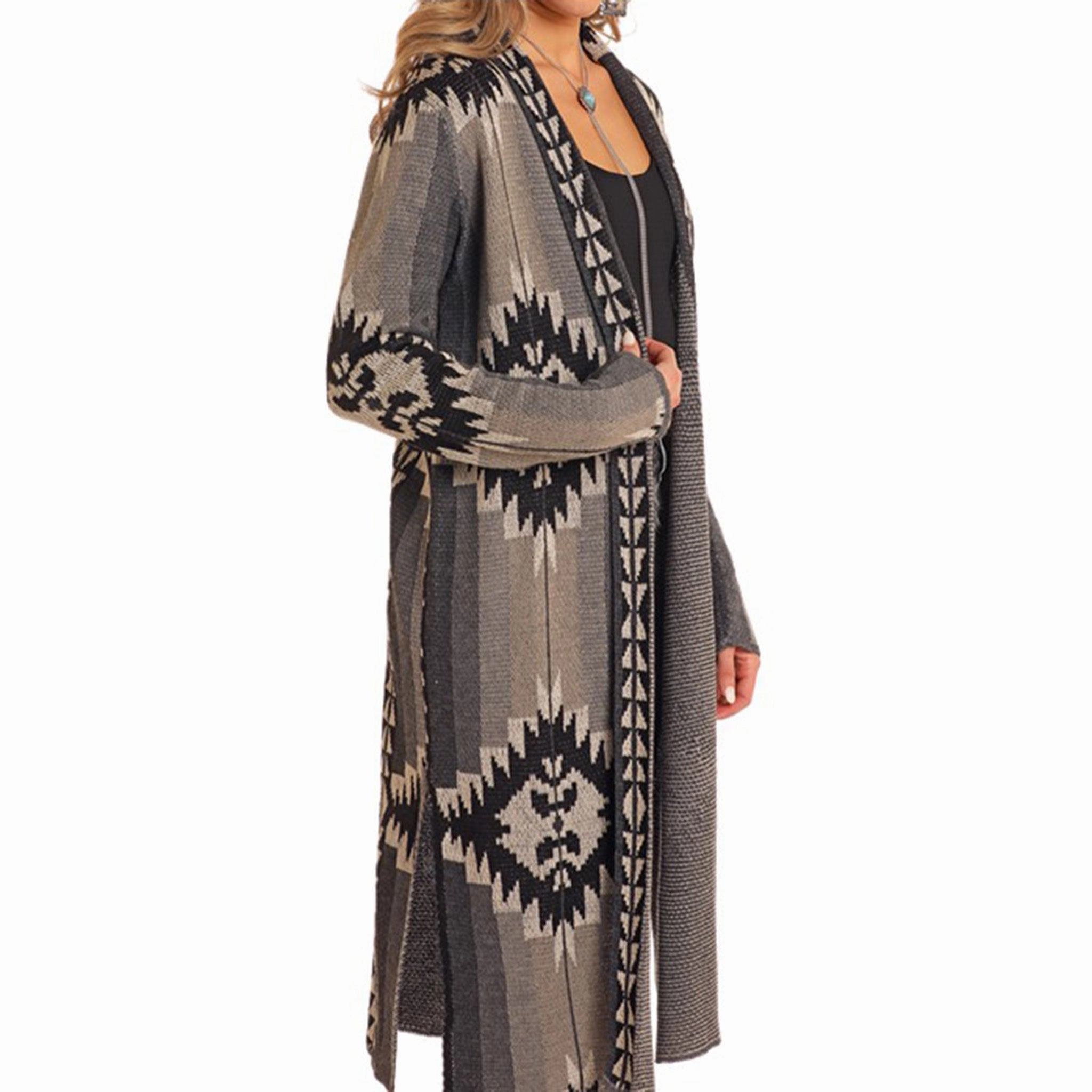 Ultraviolet Protection Hooded Attachment Rock & Roll Women's Aztec Cardigan Duster