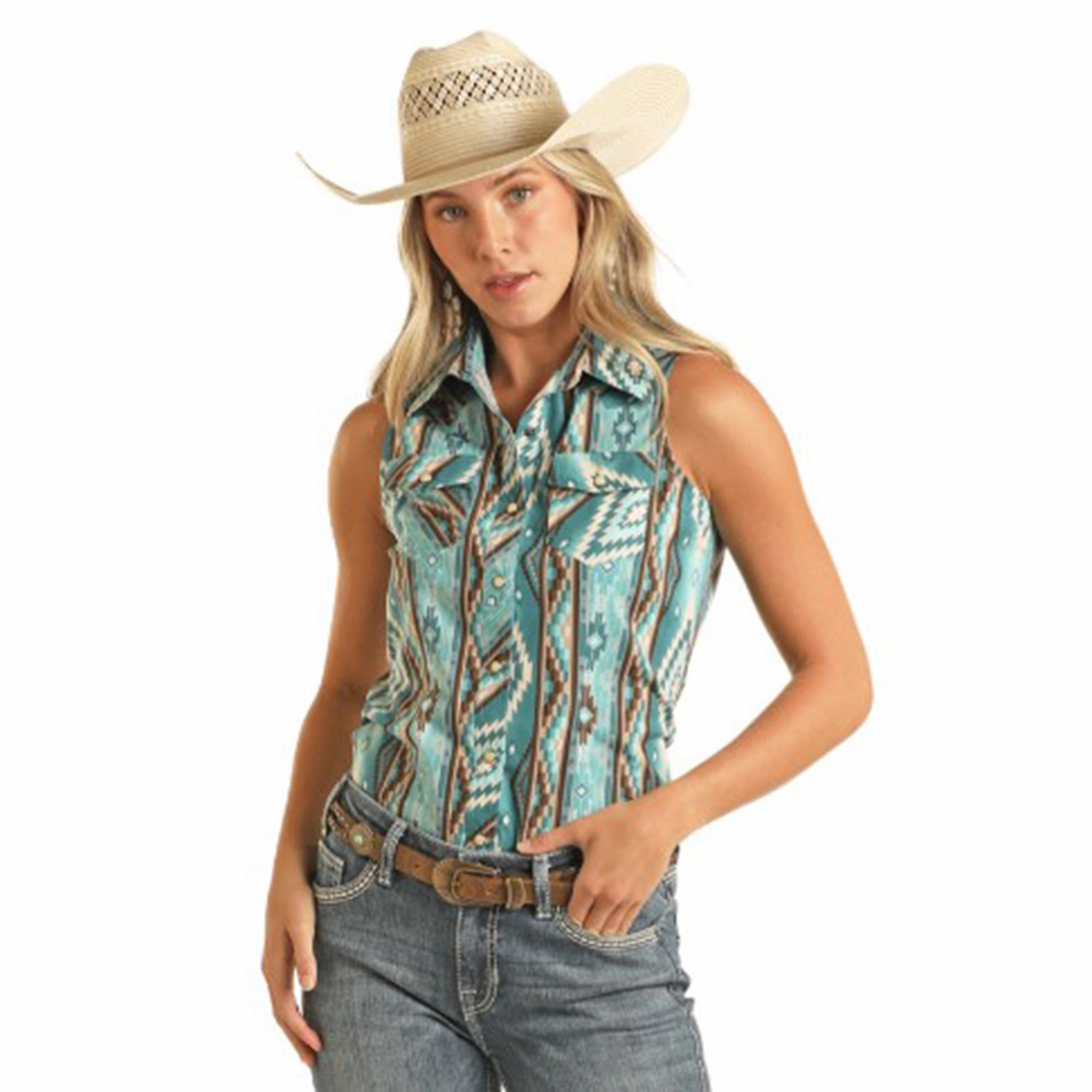 Rock & Roll Women's Aztec Snap Tank LatticeKnit Double Chest Pocket