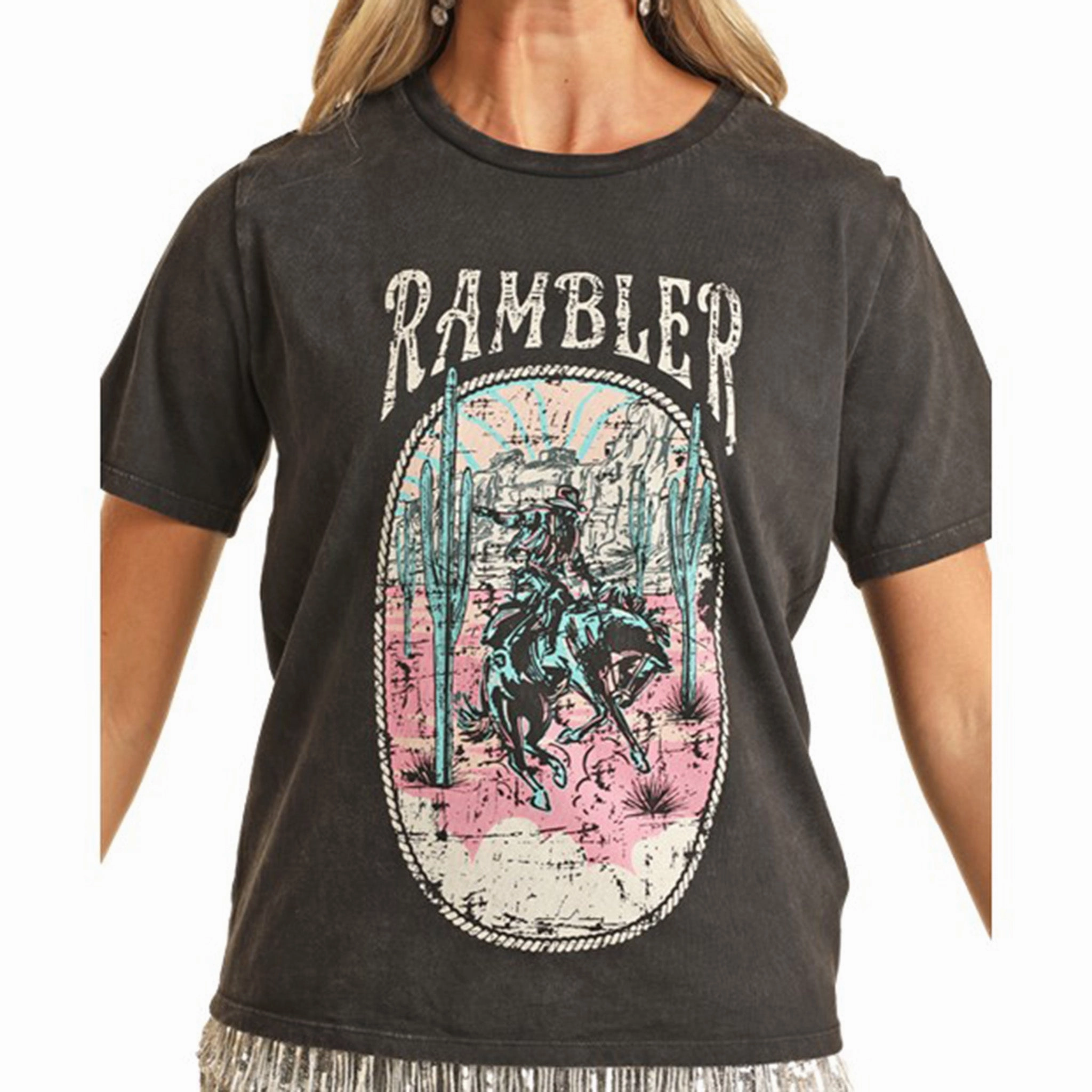 DoubleNeedle Stitching Rock & Roll Women's Black Rambler Graphic Tee