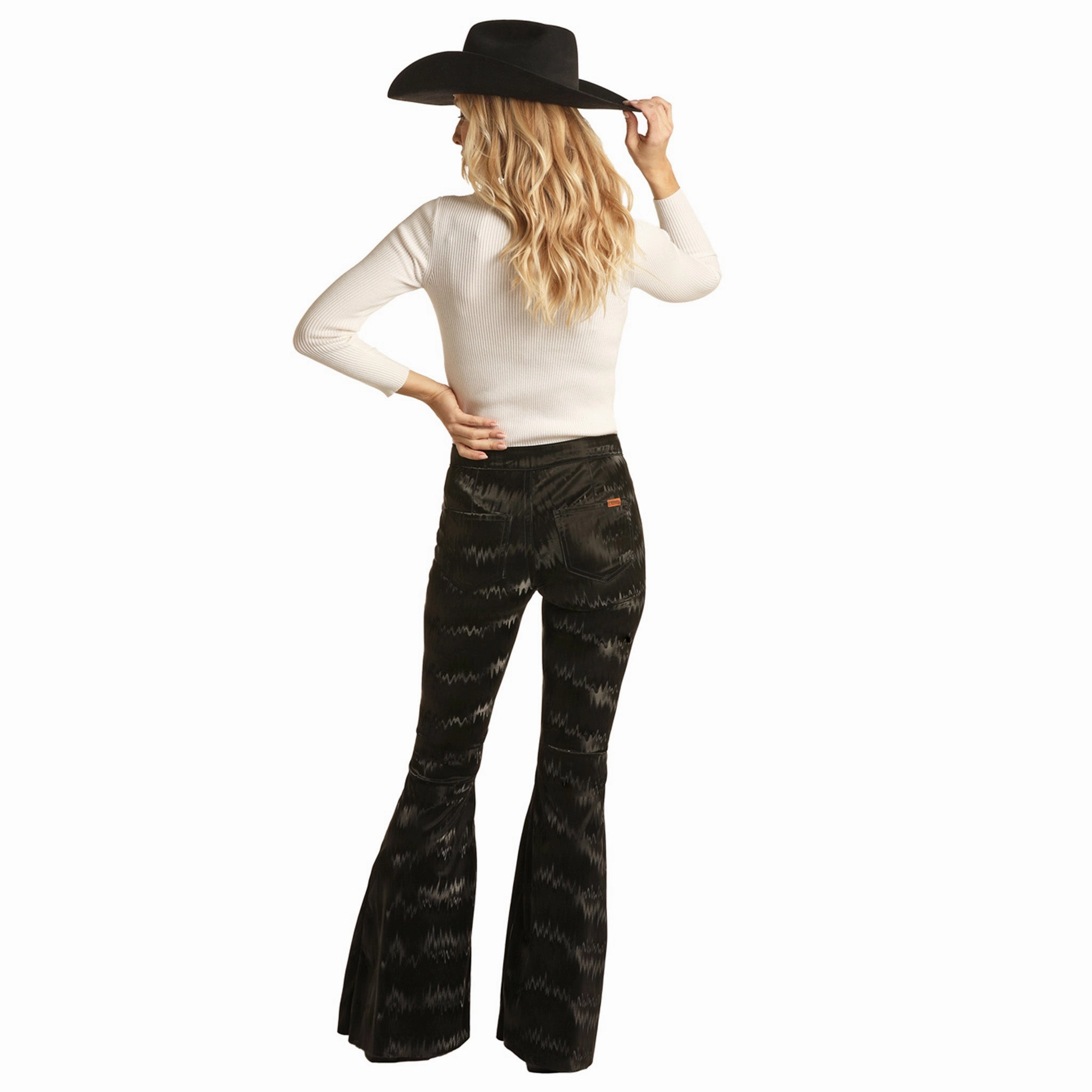 Brunch Outfit Trend Setter High Quality Classic Wear Earthy Rock & Roll Women's Black Textured Bell Bottom