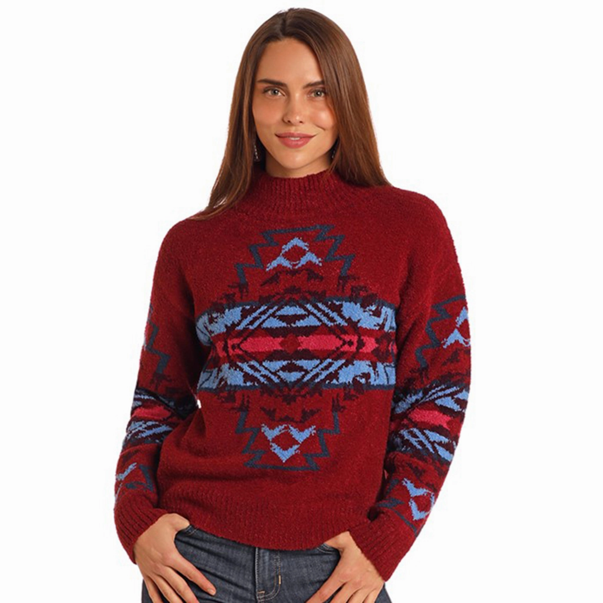 Rock & Roll Women's Dark Red Southwest Sweater Light Deflection Fabric