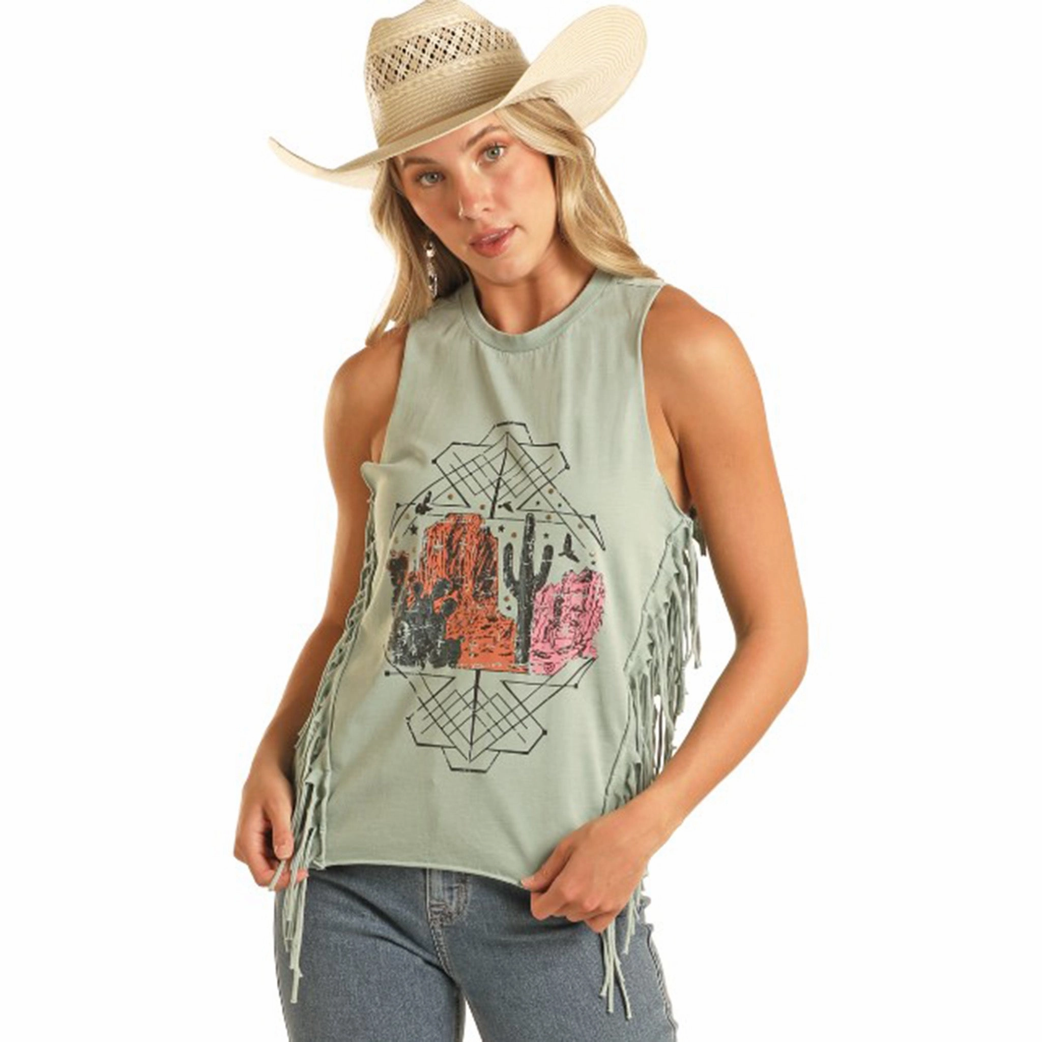 FrictionResistantEdges EcoFriendly Material Rock & Roll Women's Desert Jade Fringe Tank