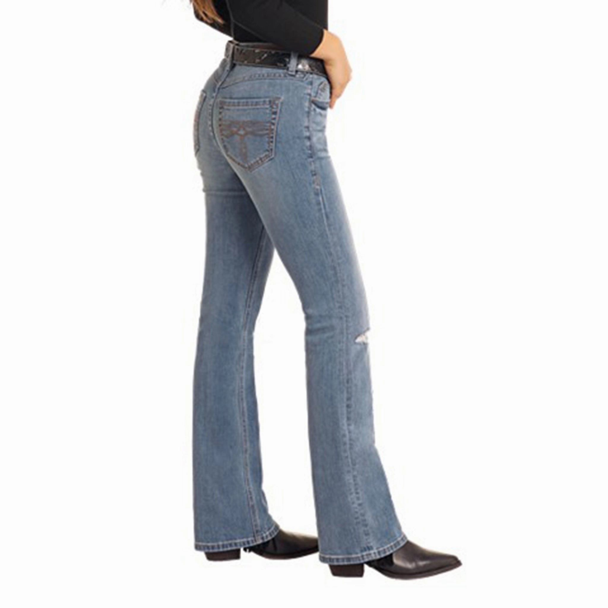 Rock & Roll Women's Med Wash Distressed Boot Cut Jeans Utility Fit Trend Setter Trendy Premium