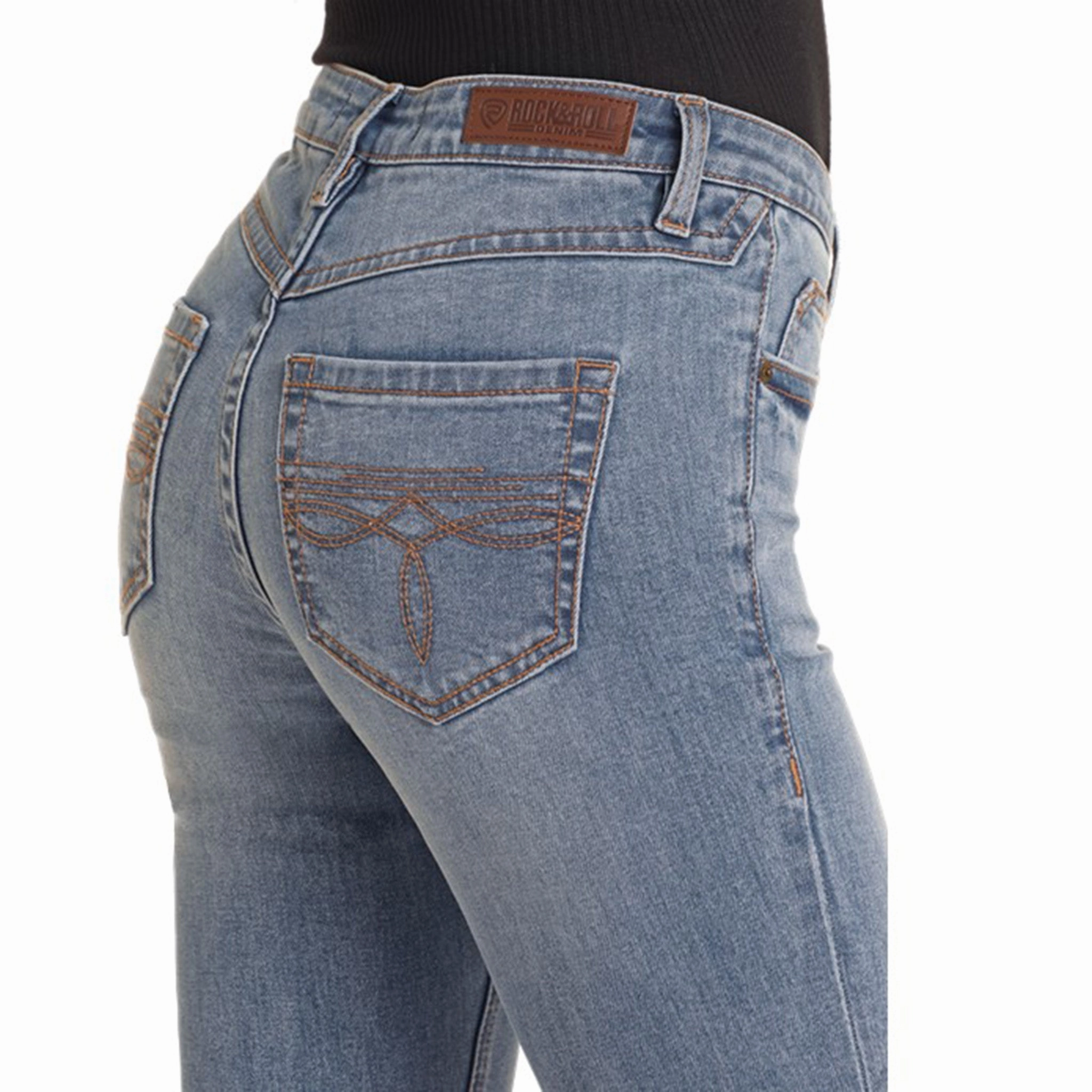 Rock & Roll Women's Med Wash Distressed Boot Cut Jeans Minimal Fading Smooth Breathable