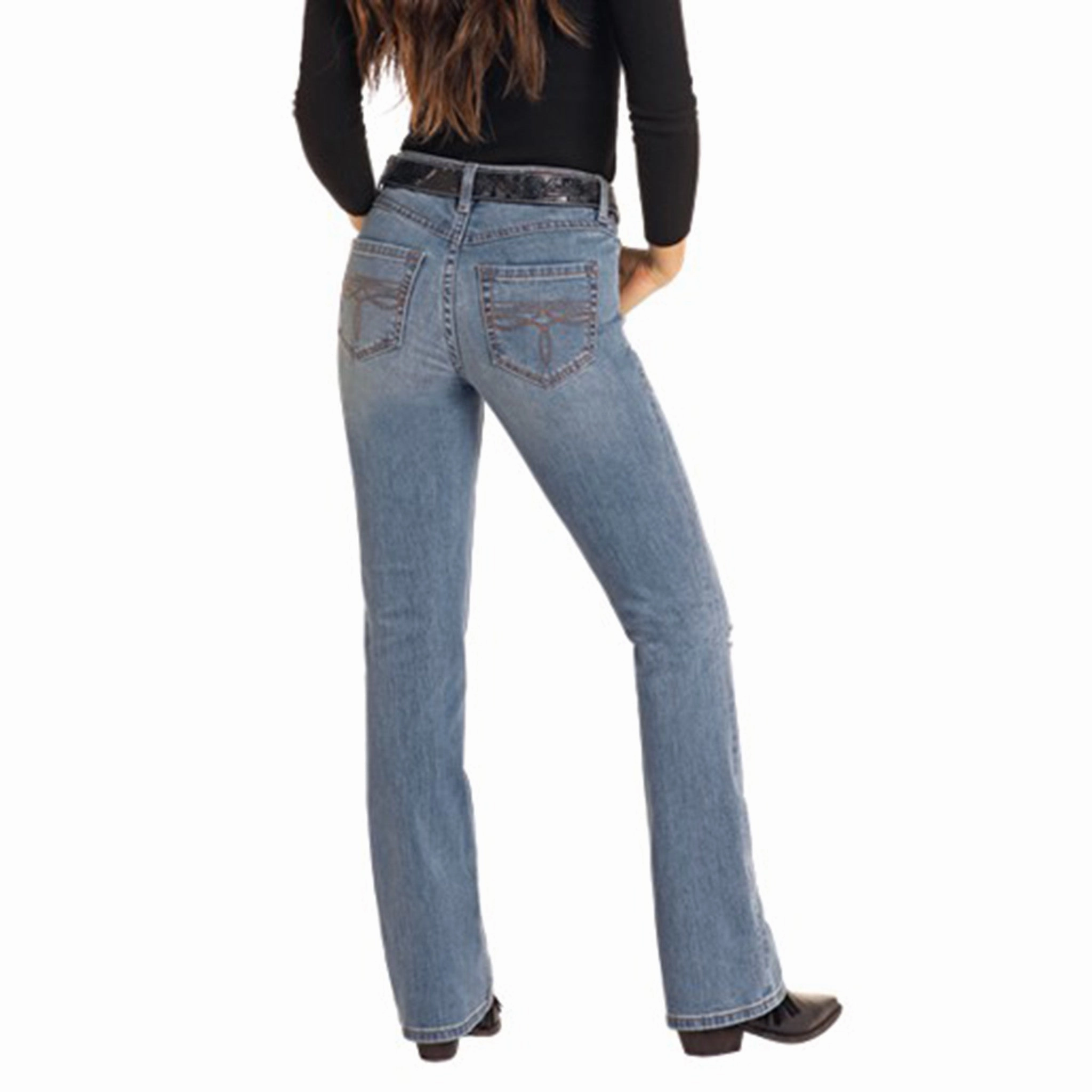 Rock & Roll Women's Med Wash Distressed Boot Cut Jeans Contemporary Wear