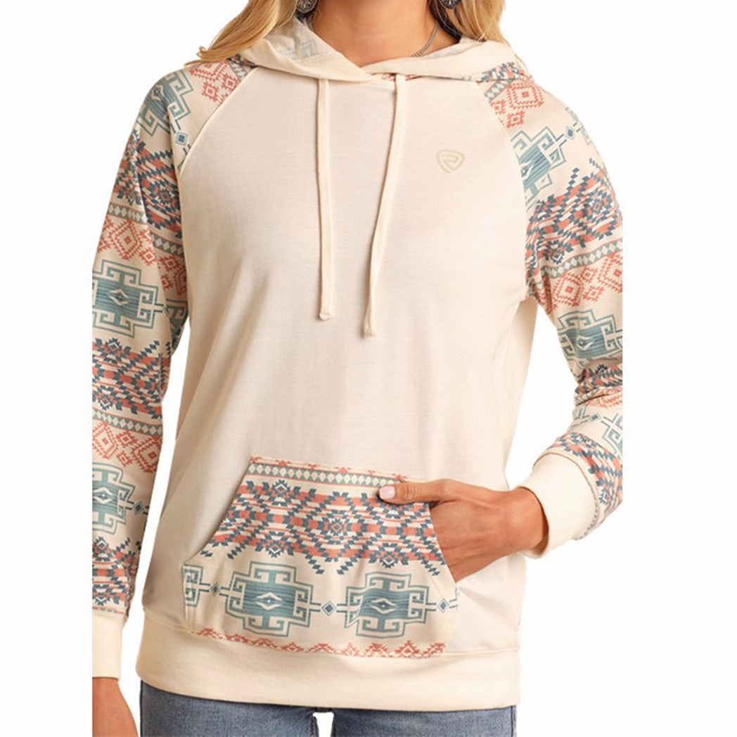 Ethical Manufacturing Rock & Roll Women's Natural & Aztec Sleeve Hoodie