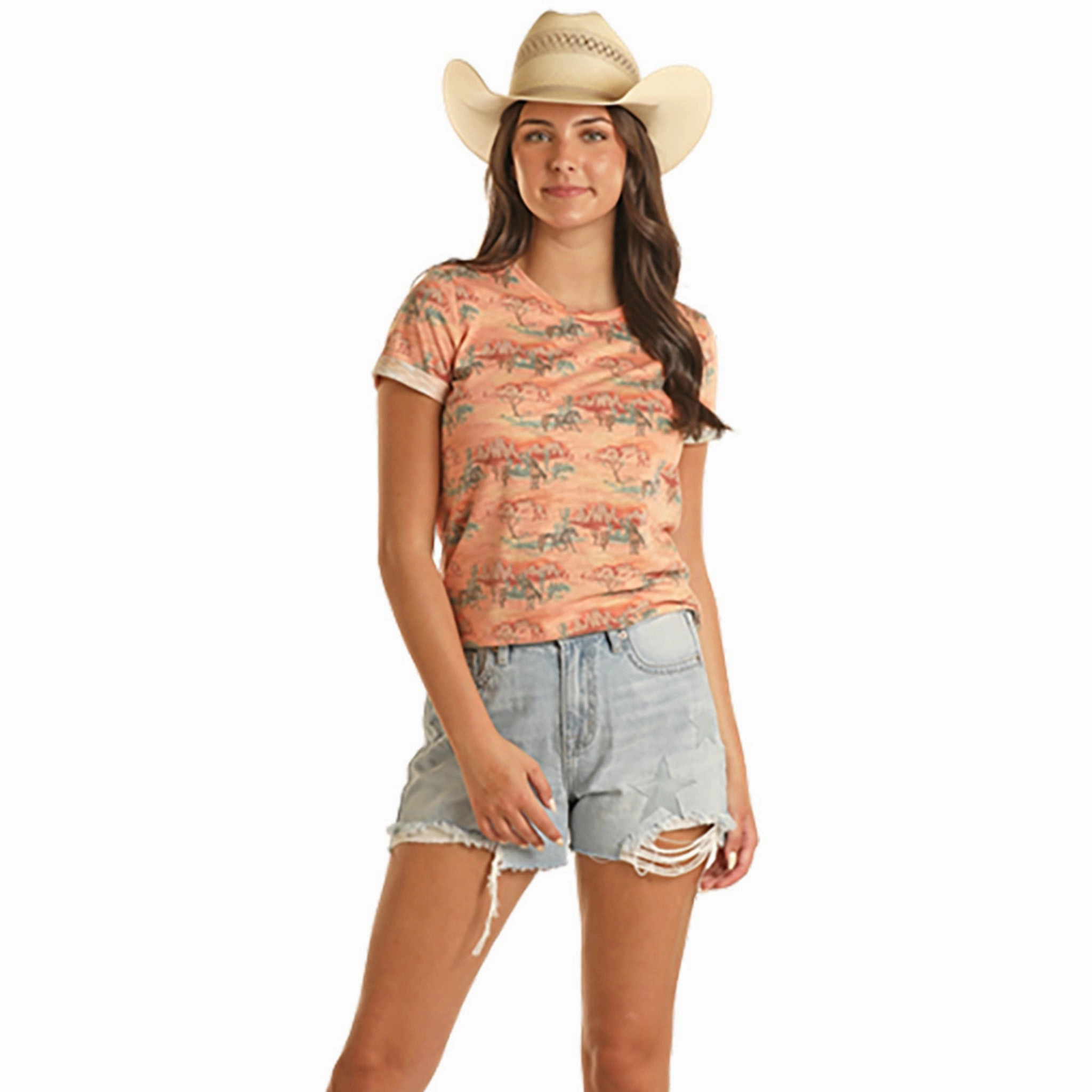 MeshPanelIntegration Rock & Roll Women's Peach Desert Scene Tee
