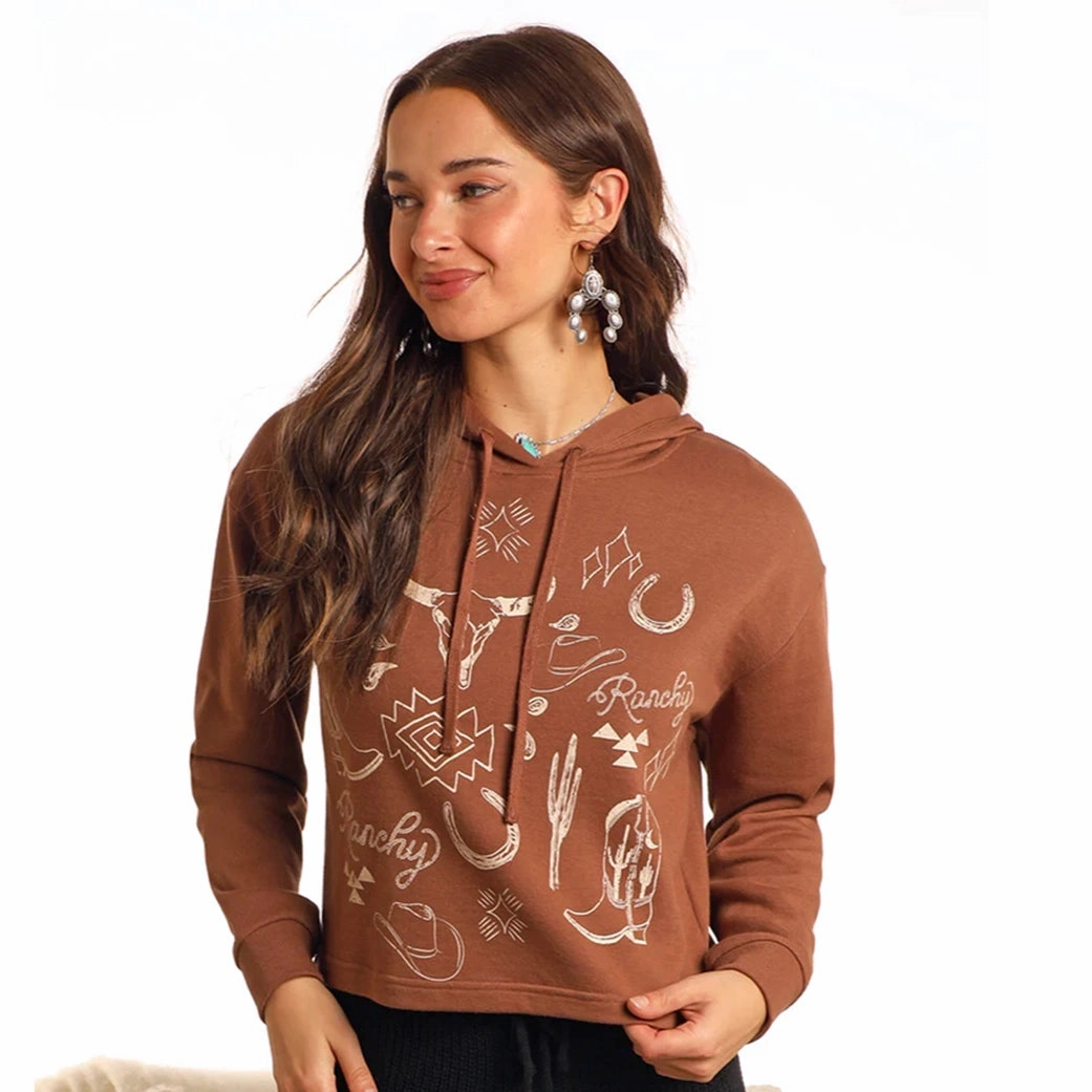Rock & Roll Women's Range Western Graphic Cropped Hoodie All-Purpose Wear Ribbed Neckline
