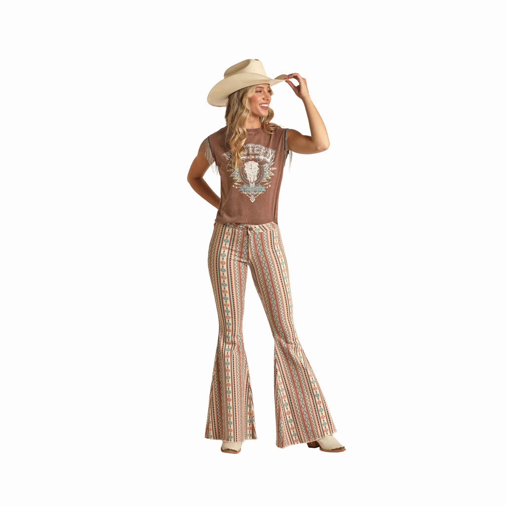 Rock & Roll Women's Stripe Aztec Bell Bottoms Fade Resistant Wash Travel Outfit Student Outfit Lightweight