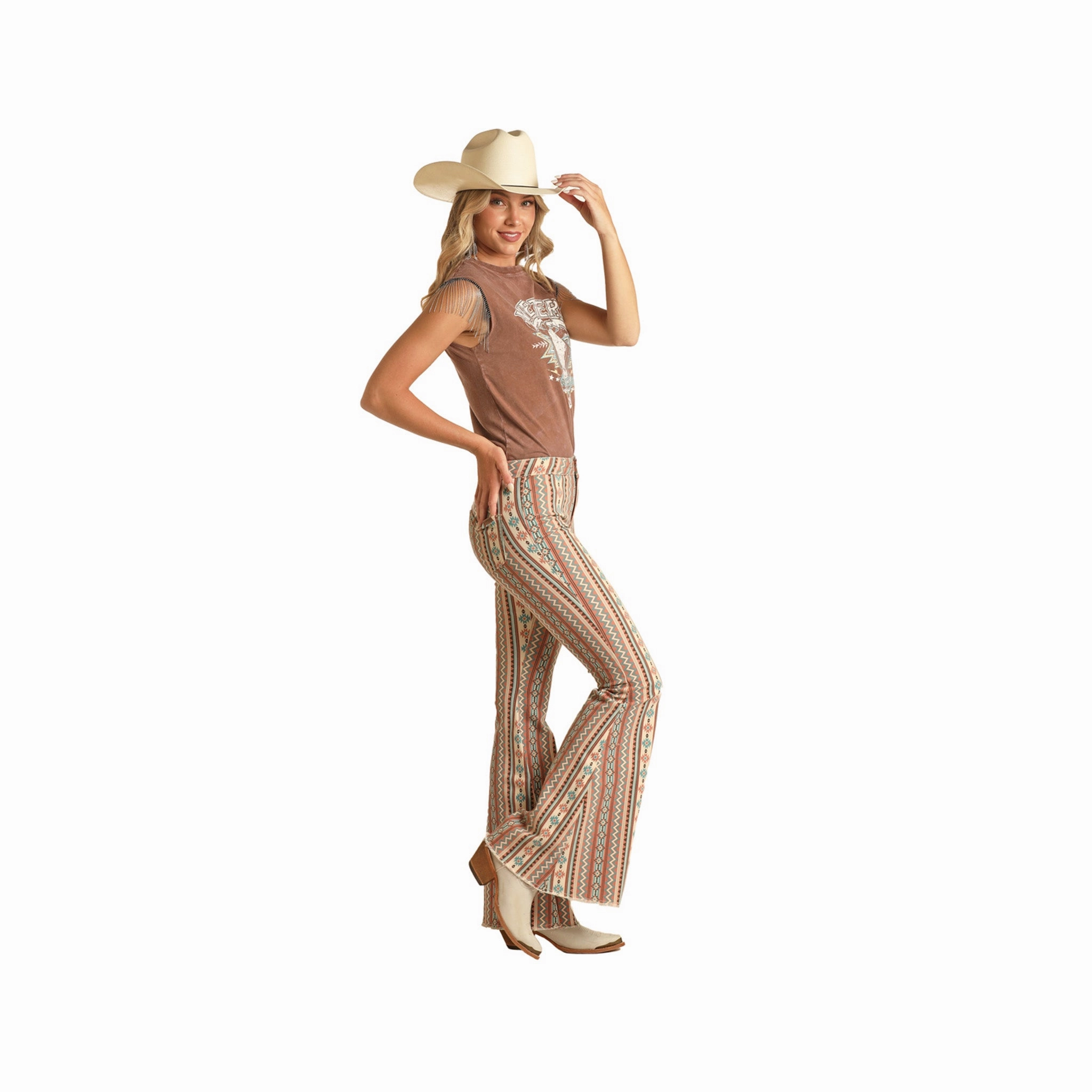 Rock & Roll Women's Stripe Aztec Bell Bottoms Raw Hem Design Flattering Waist Design