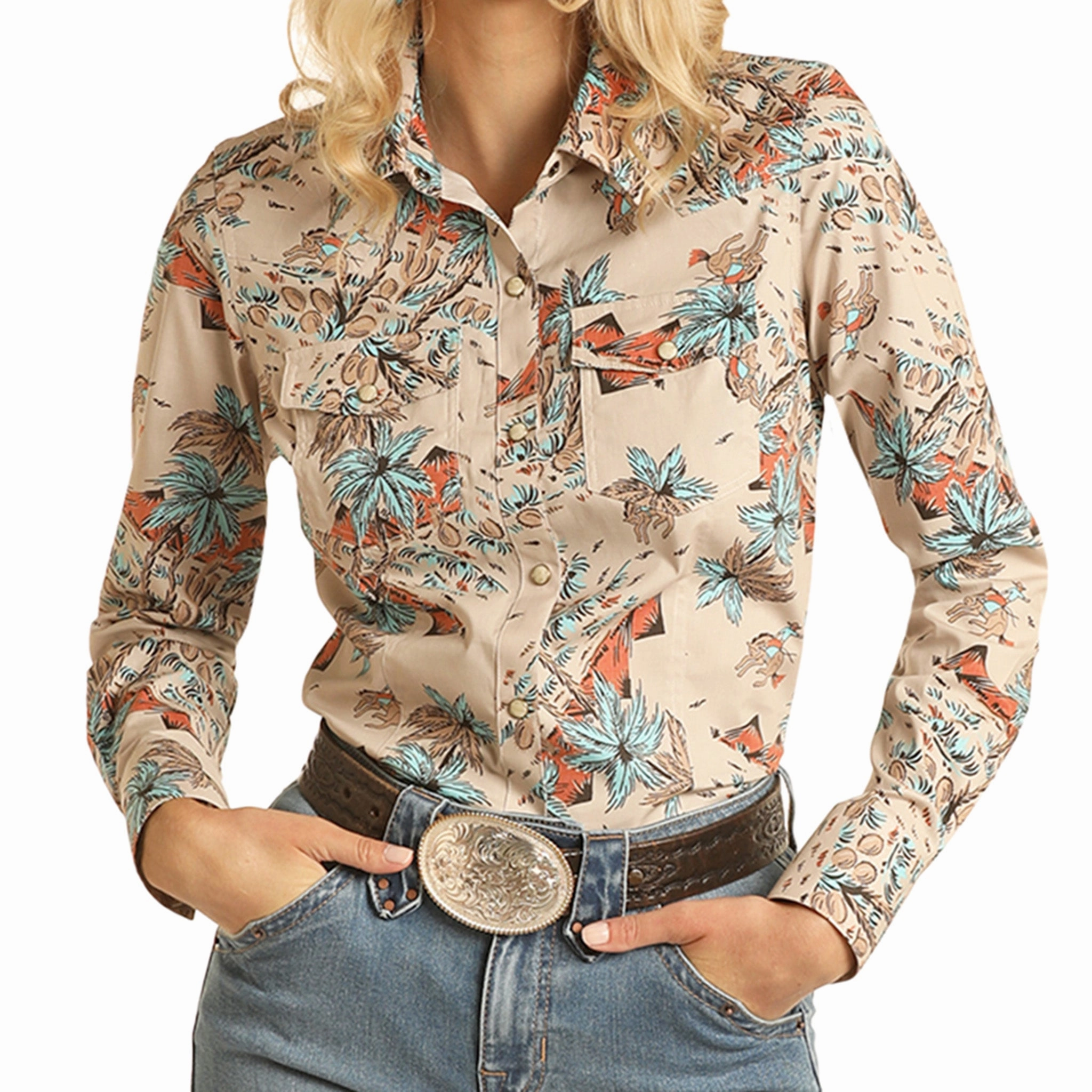 HiddenPocket Rock & Roll Women's Tan Tropical Bronc Shirt