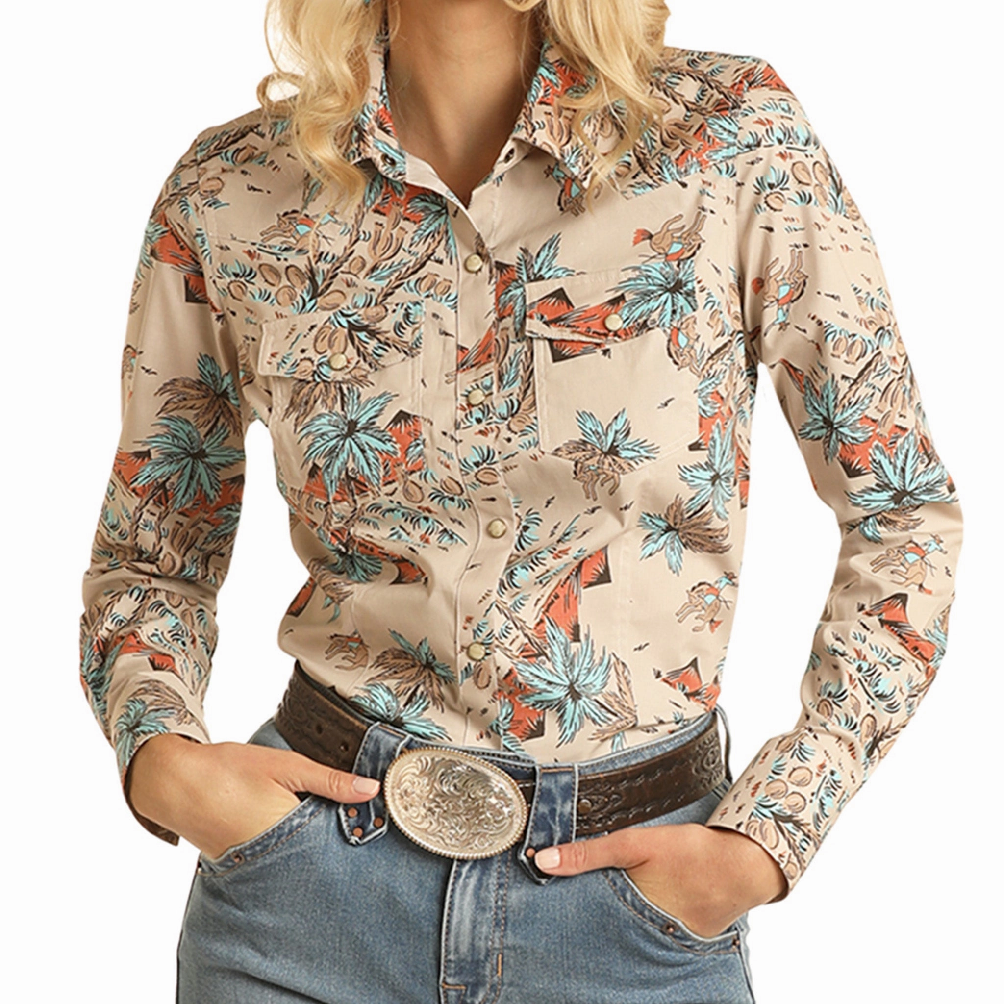 Rock & Roll Women's Tan Tropical Bronc Shirt Ventilated Mesh Panels