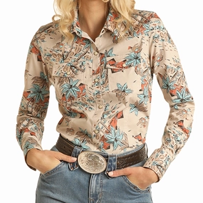 Rock & Roll Women's Tan Tropical Bronc Shirt Ventilated Mesh Panels
