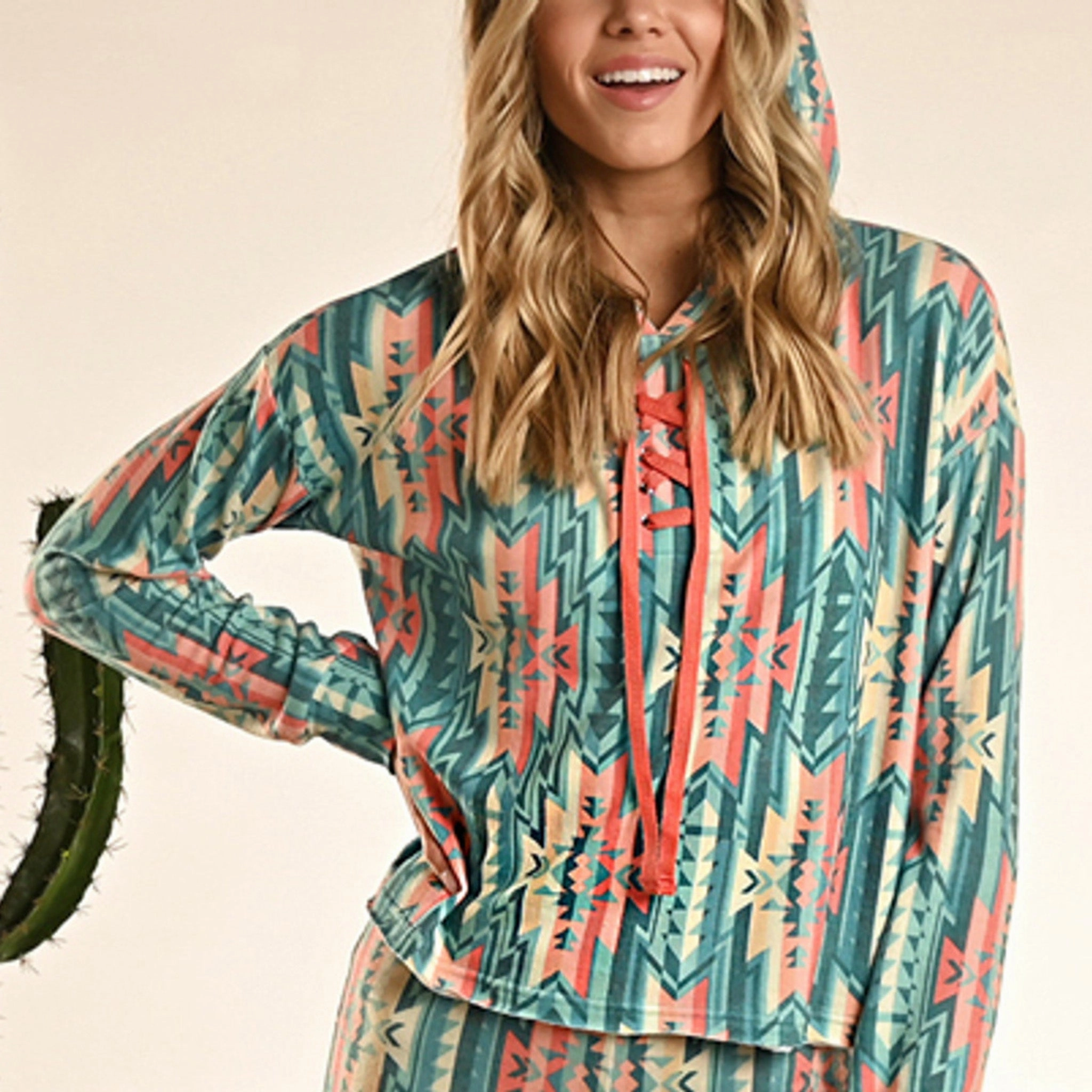 Rock & Roll Women's Turquoise and Peach Aztec Hoodie BondedEdges HighNeckline