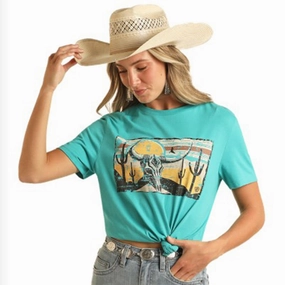 Rock and Roll Women's Turquoise Skull Desert Tee Circular Knit Technique MoistureWickingMaterial